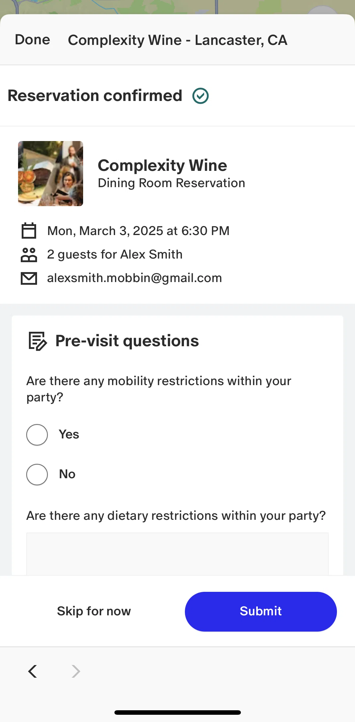 Tock Screen screen in the Submitting pre-visit questions flow