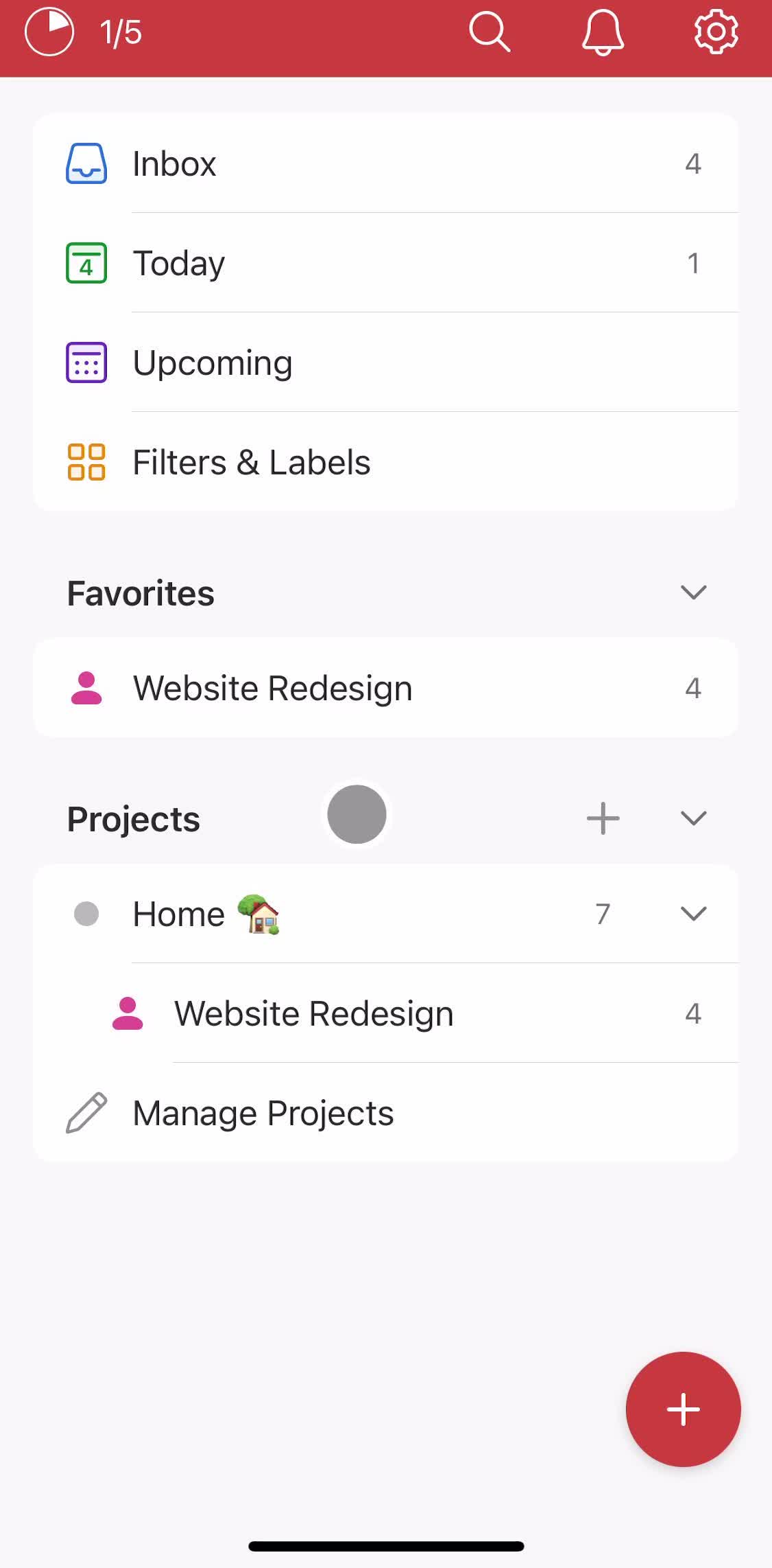 Todoist Home screen in the Activity Feed flow