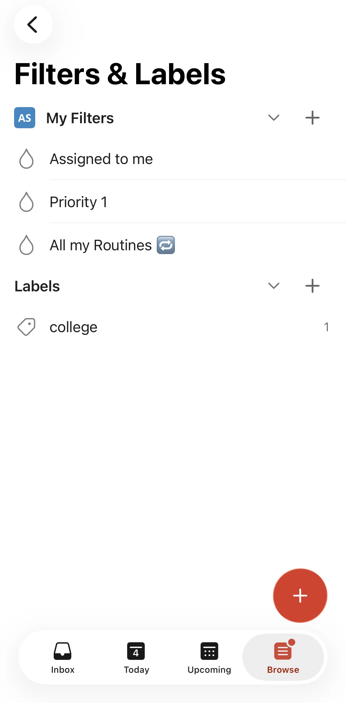 Todoist Screen screen in the Adding a label flow