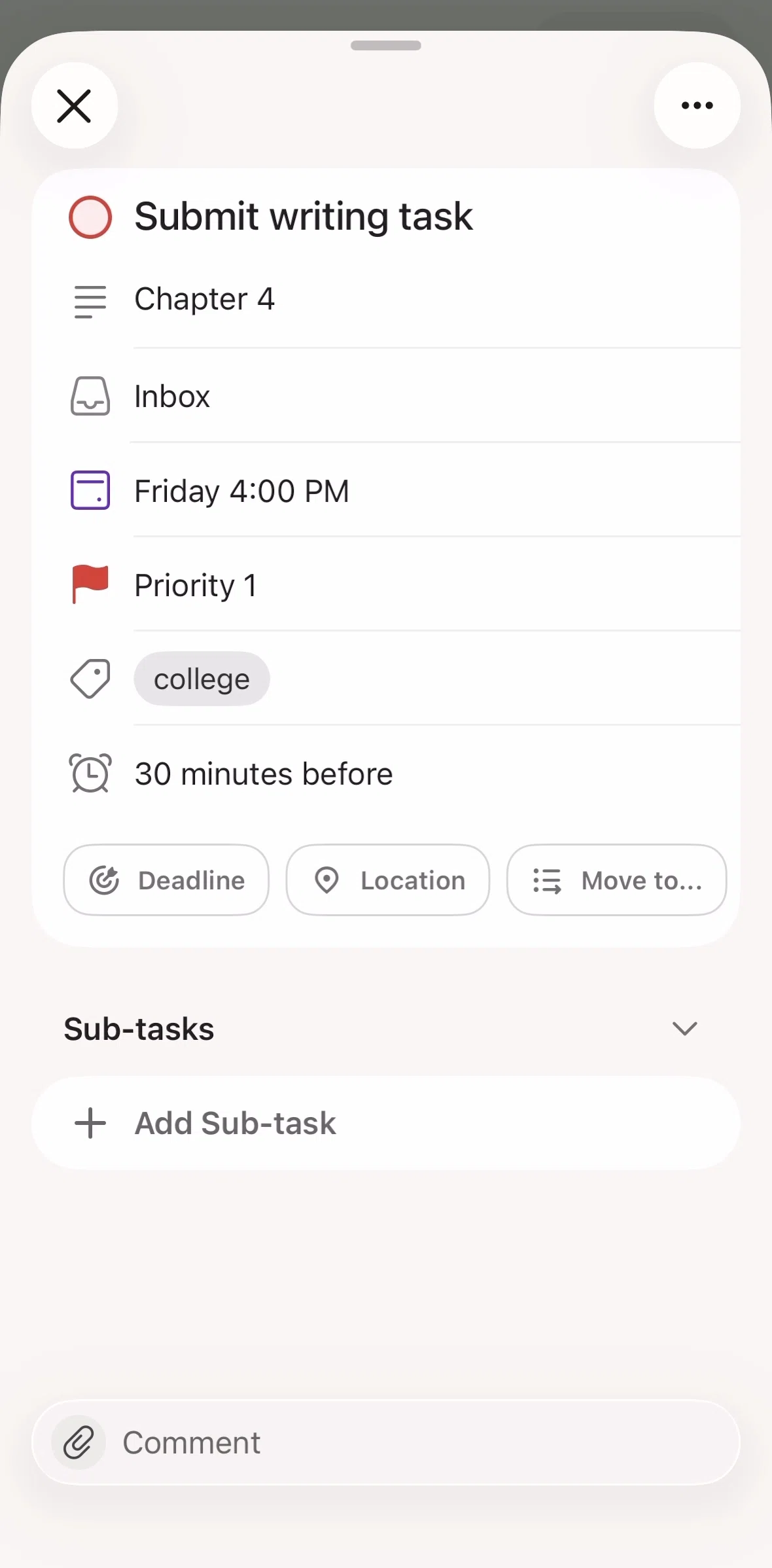 Todoist Screen screen in the Adding a sub-task flow
