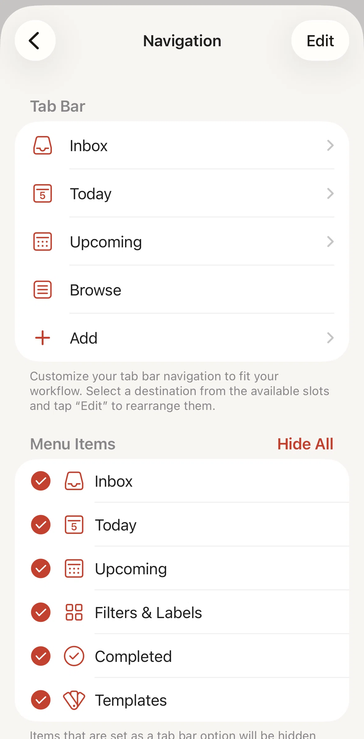 Todoist Screen screen in the Adding to tab bar flow