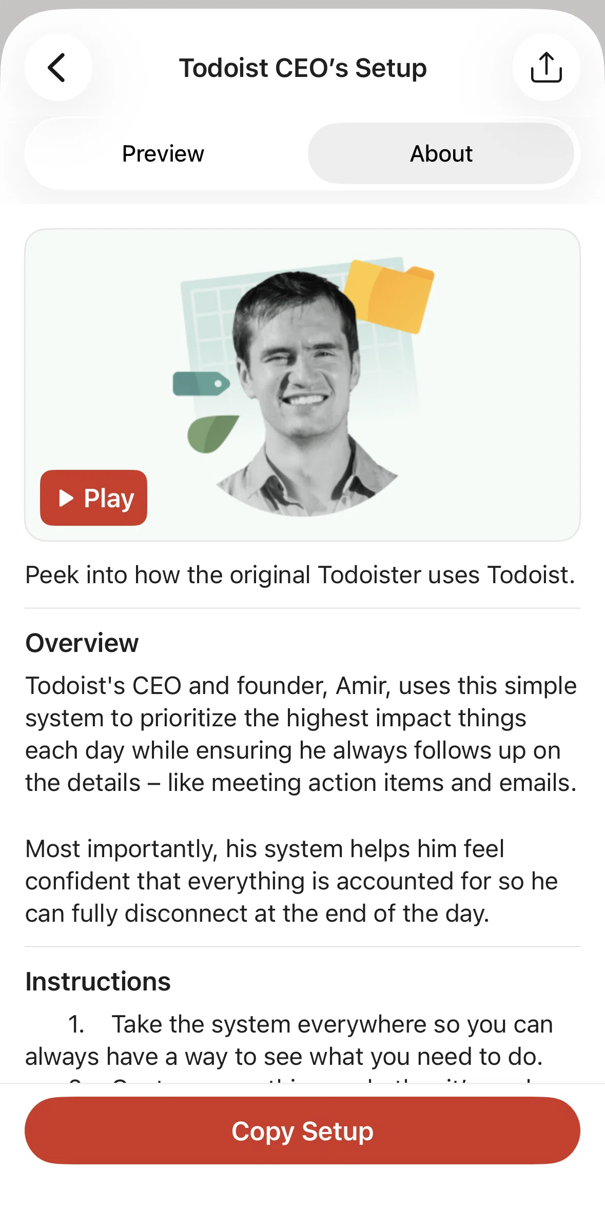 Todoist Screen screen in the Copying a setup flow