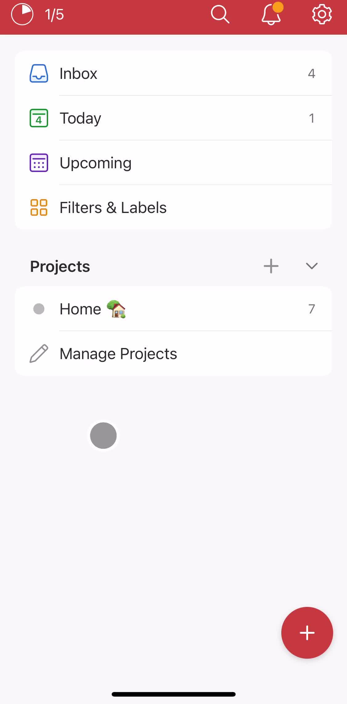 Todoist Home screen in the Creating A Project flow