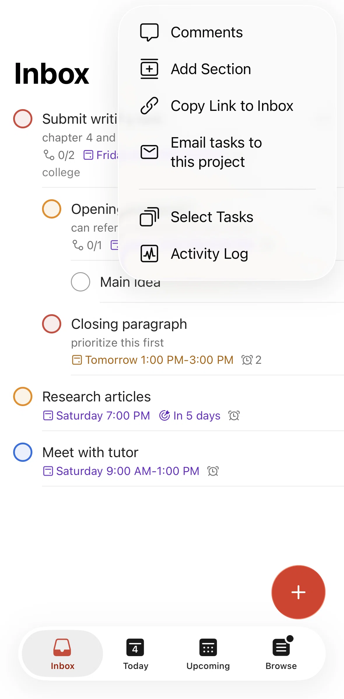 Todoist Screen screen in the Deleting tasks flow