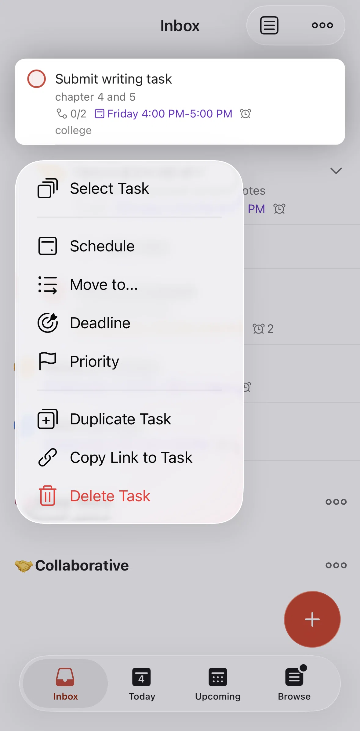 Todoist Screen screen in the Duplicating a task flow