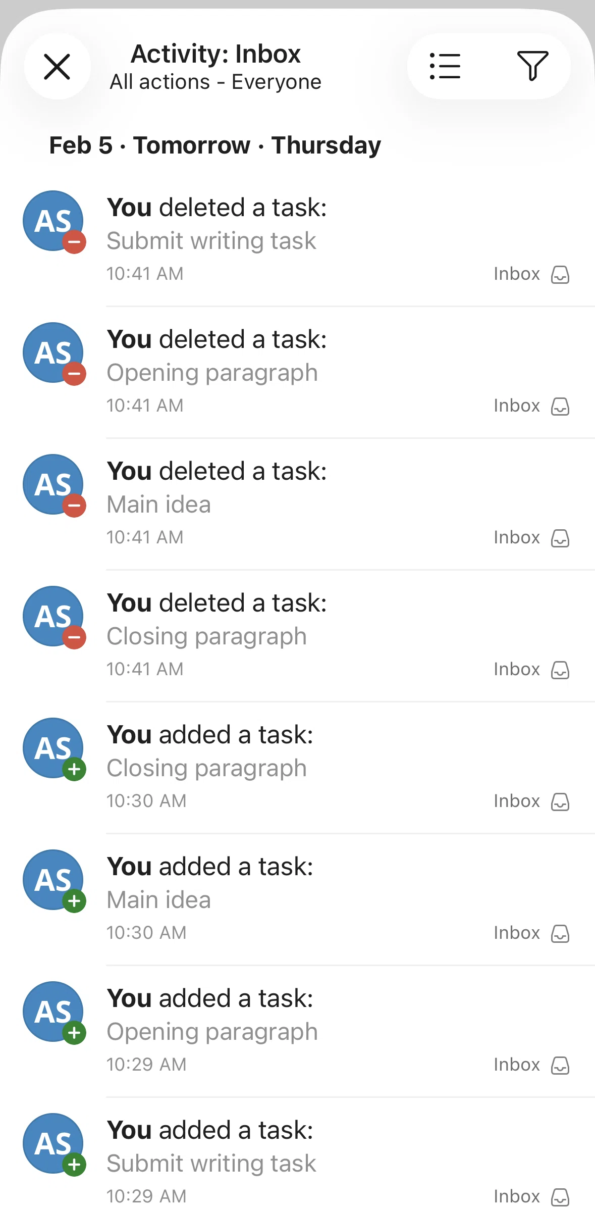 Todoist Screen screen in the Filtering activities flow
