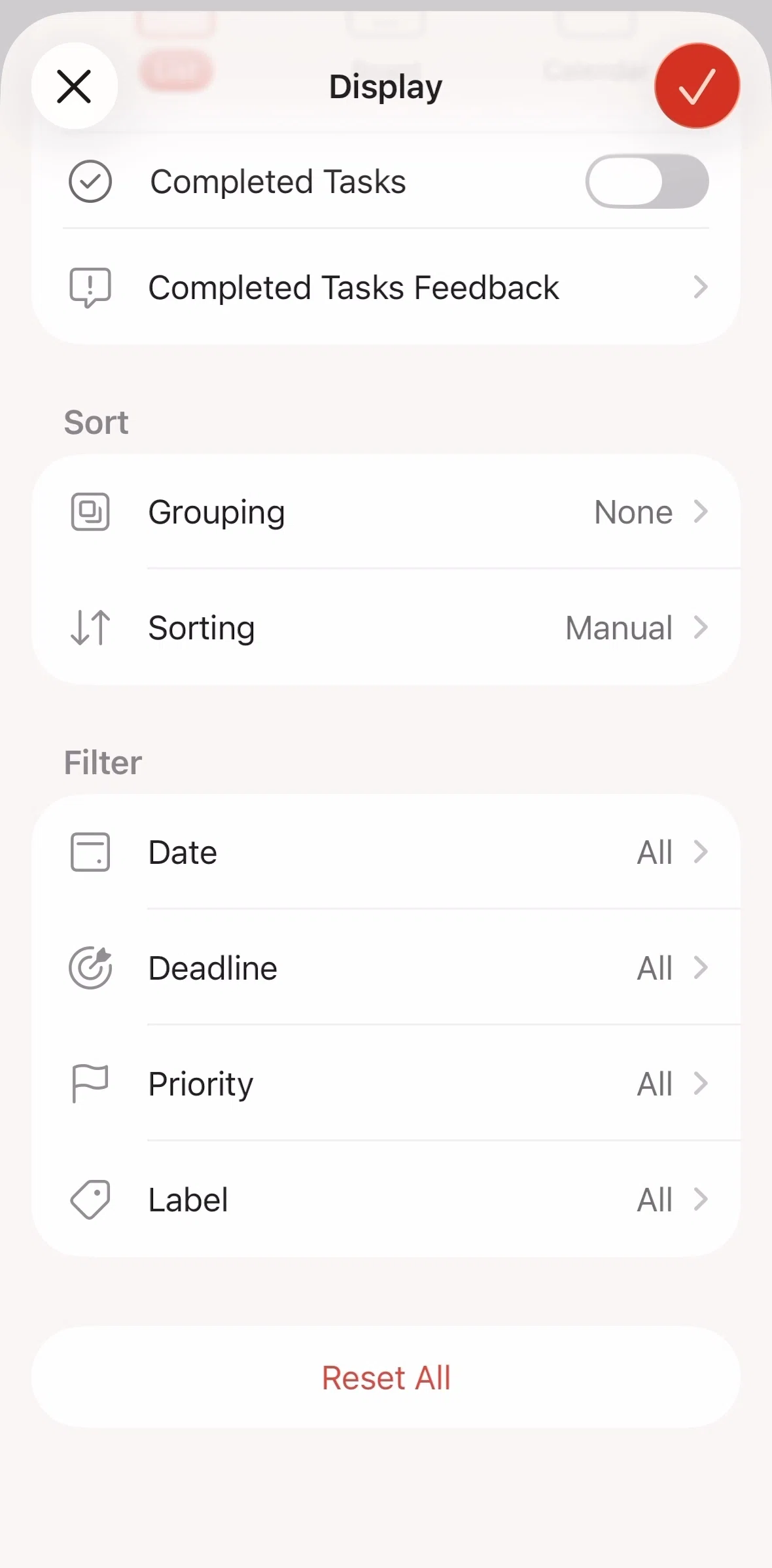 Todoist Screen screen in the Filtering tasks flow