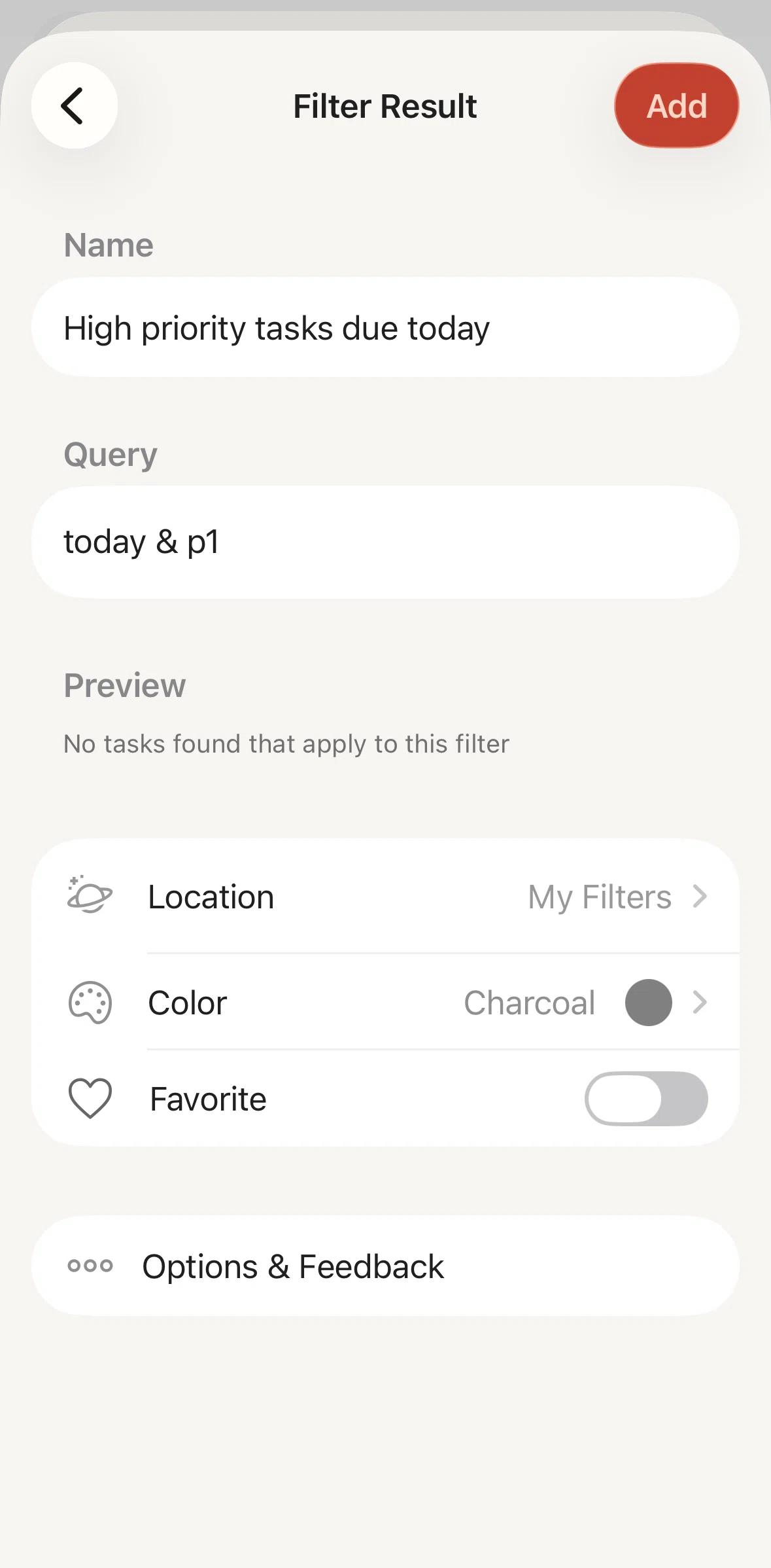 Todoist Screen screen in the Giving feedback to filter assist flow