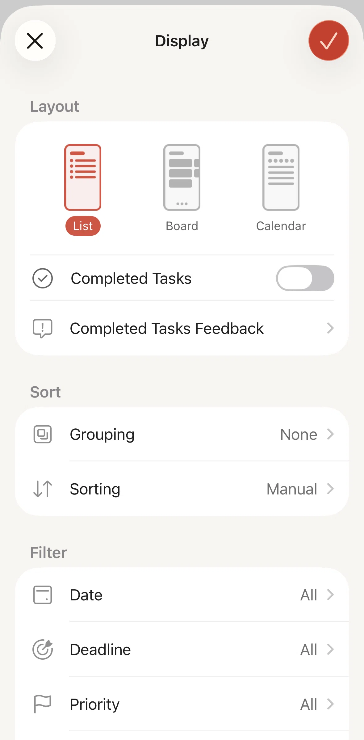 Todoist Screen screen in the Grouping tasks flow