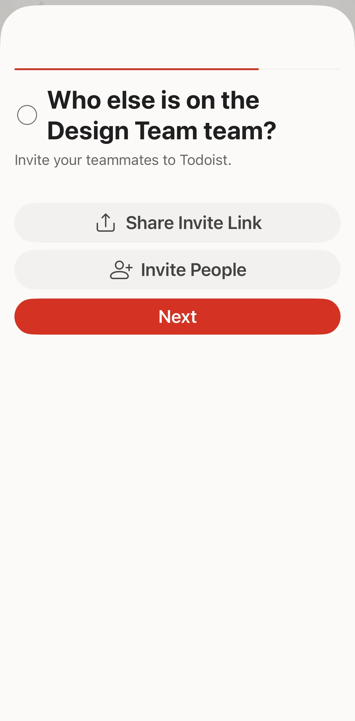 Todoist Screen screen in the Inviting a member to team flow