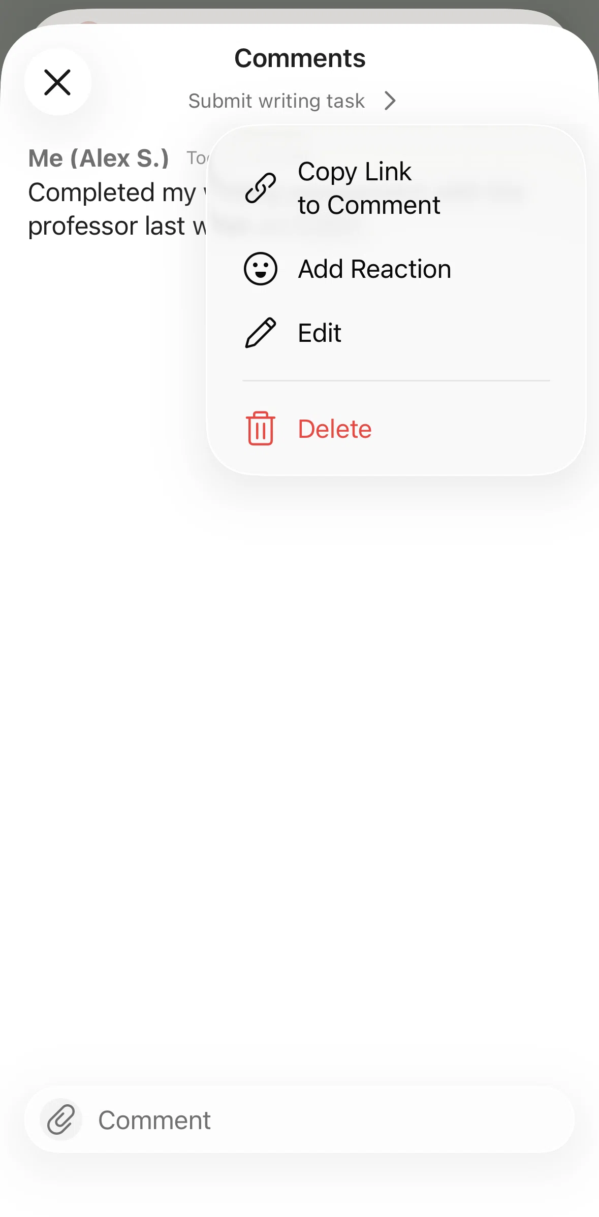 Todoist Screen screen in the Reacting to a comment flow