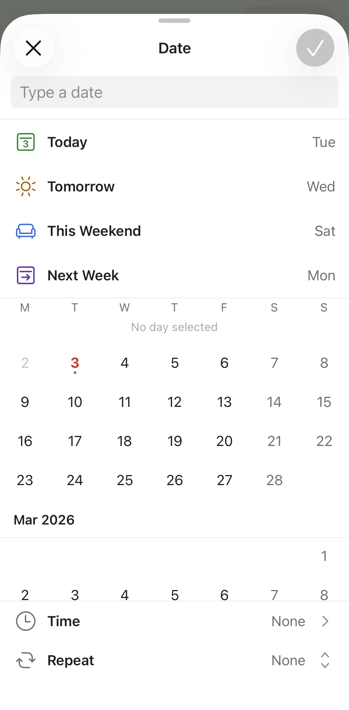 Todoist Screen screen in the Searching date flow
