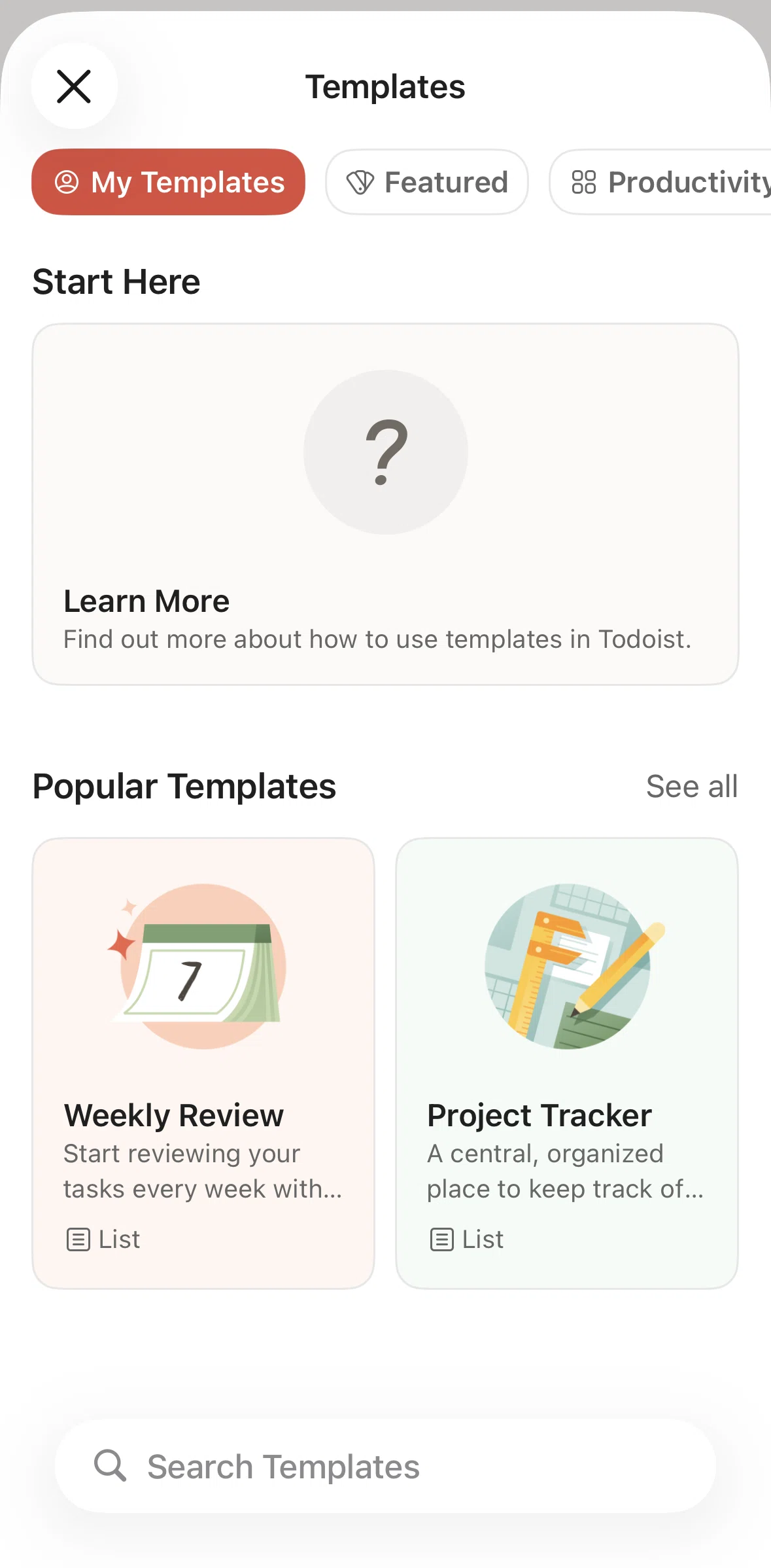 Todoist Screen screen in the Searching templates flow