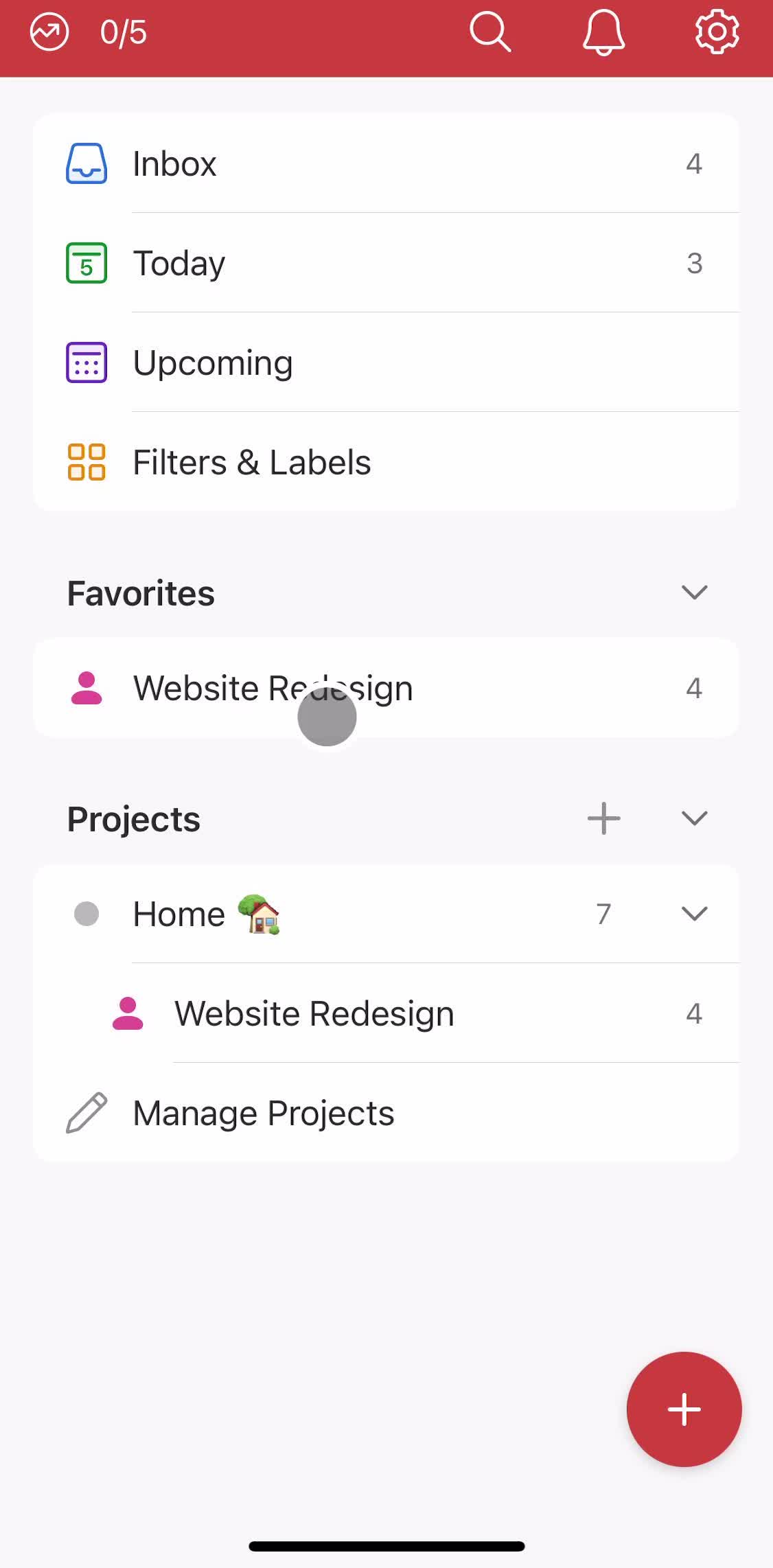 Todoist Home screen in the Searching flow