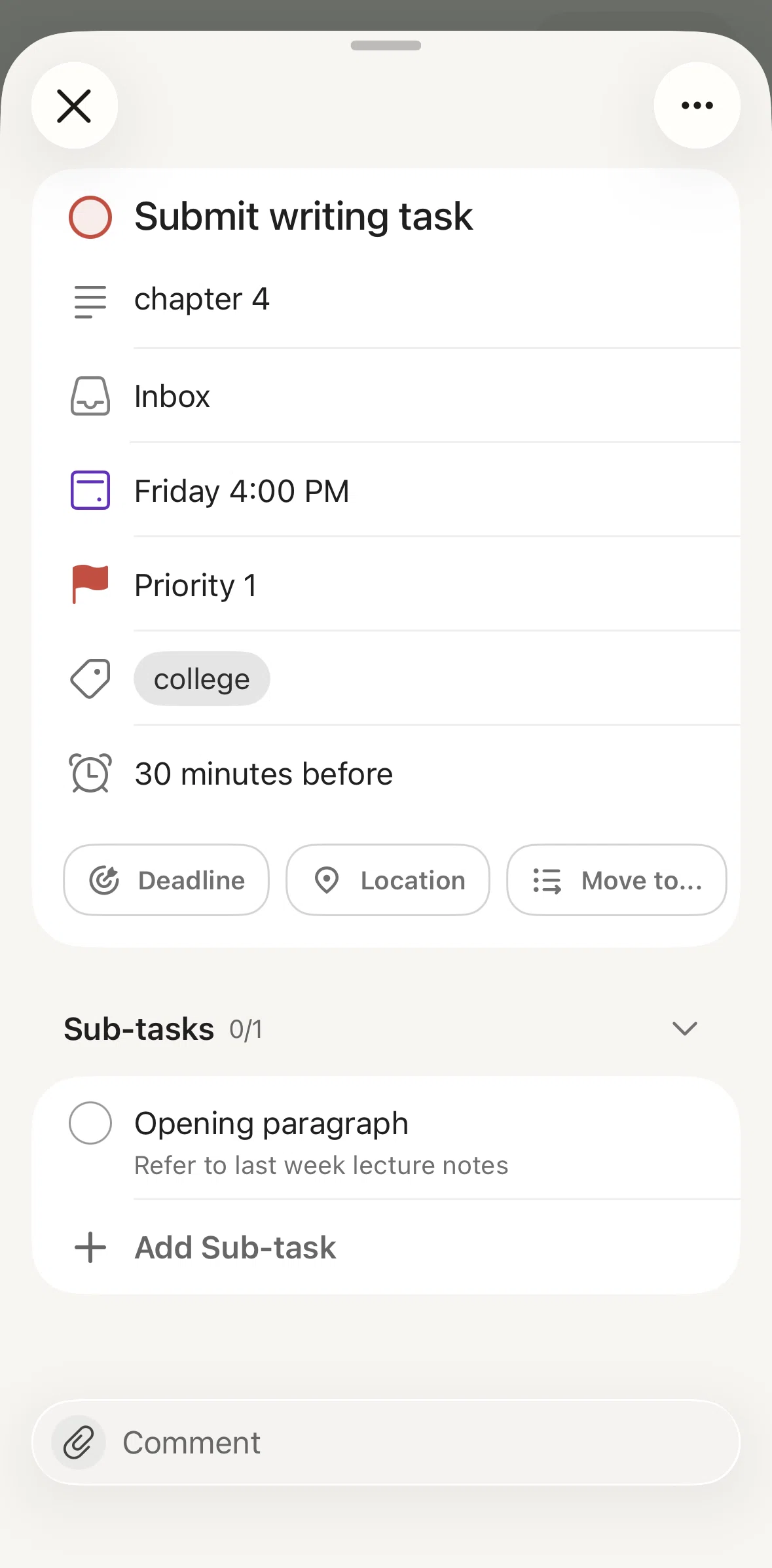 Todoist Screen screen in the Subtask detail flow
