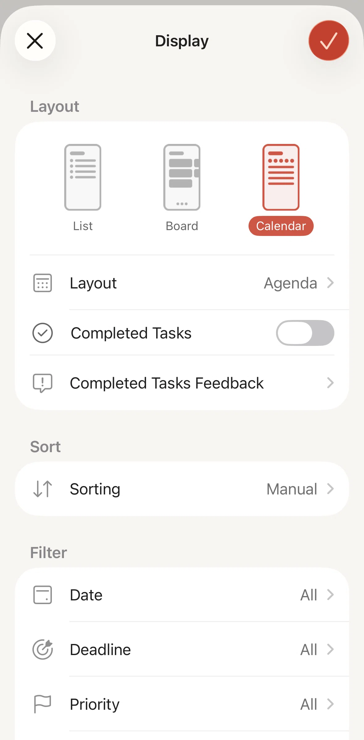 Todoist Screen screen in the Switching to week layout flow