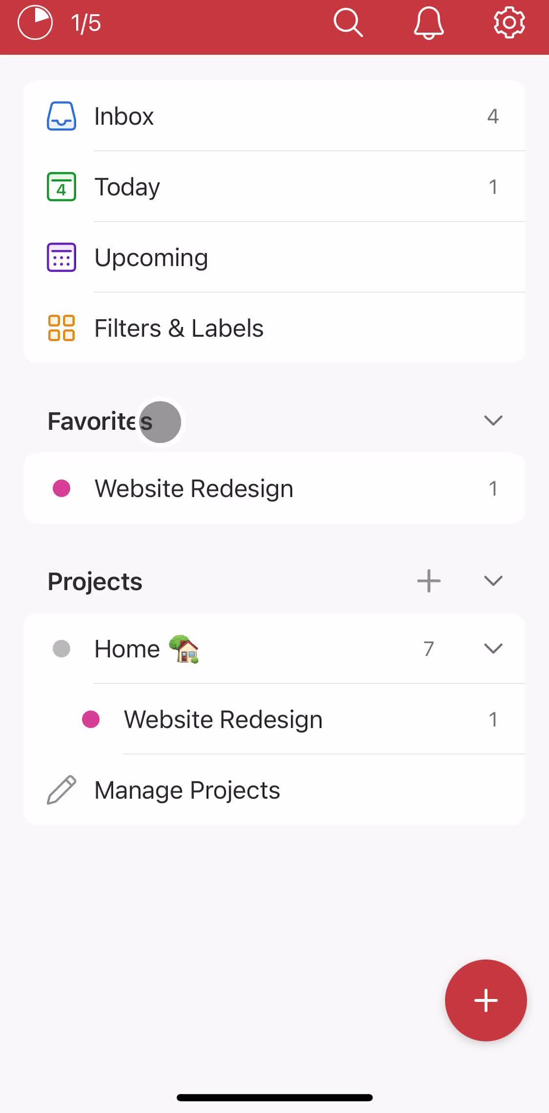Todoist Home screen in the Tasks flow