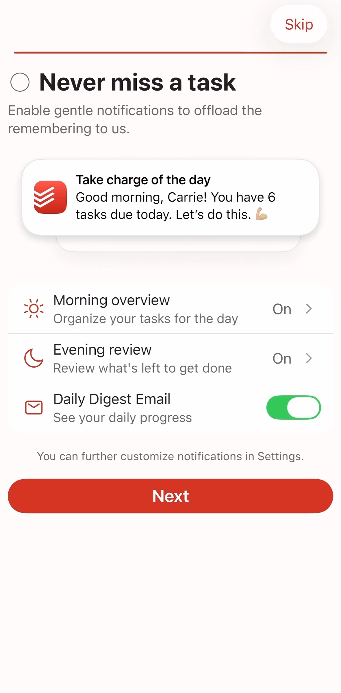 Todoist Screen screen in the Turning off morning overview flow