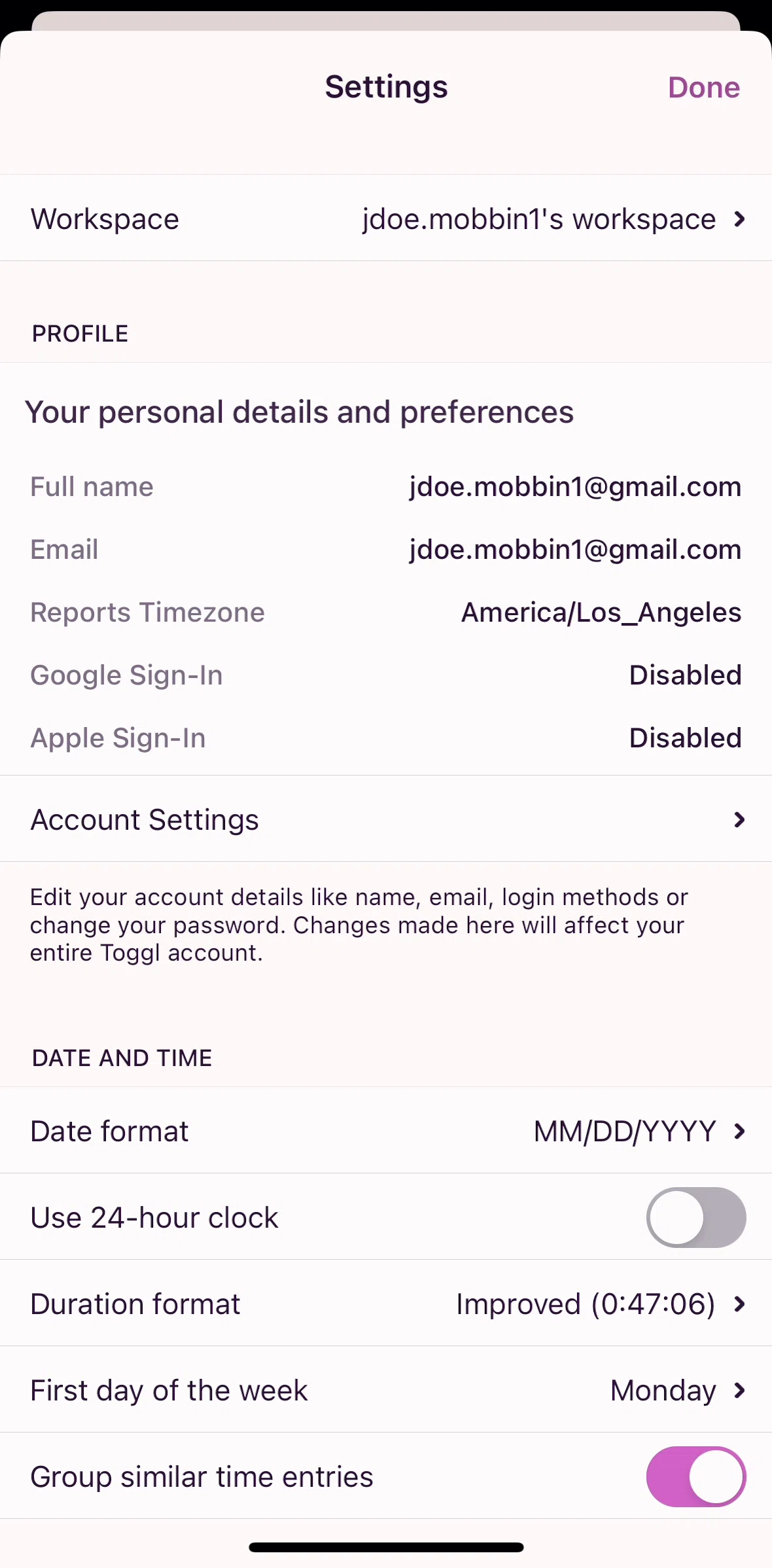 Toggl Track Screen screen in the Account settings flow