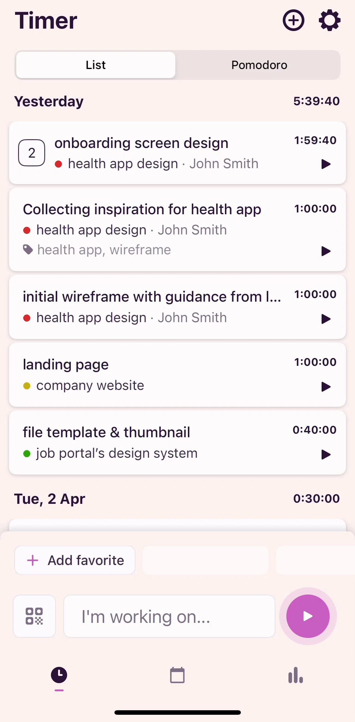 Toggl Track Screen screen in the Adding a favorite time entry flow