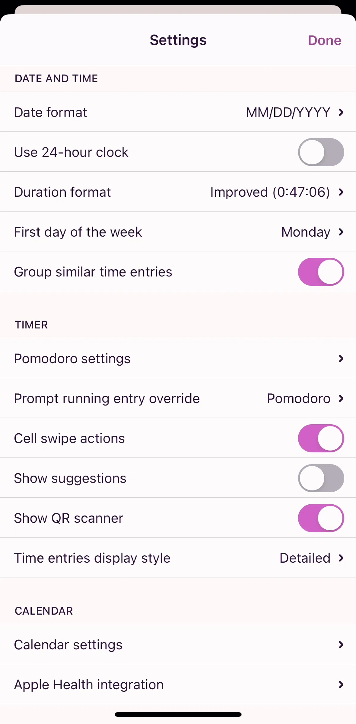 Toggl Track Screen screen in the Calendar settings flow