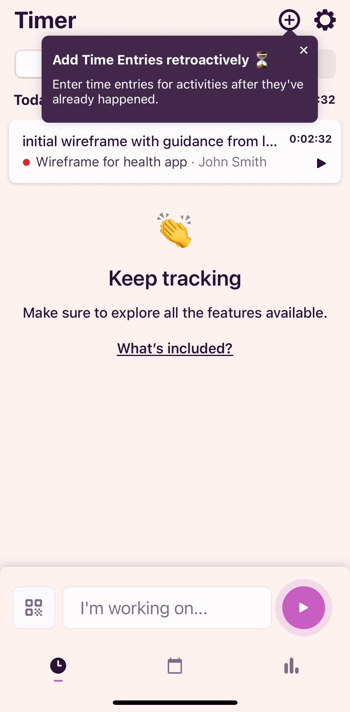 Toggl Track Screen screen in the Logging a time entry flow