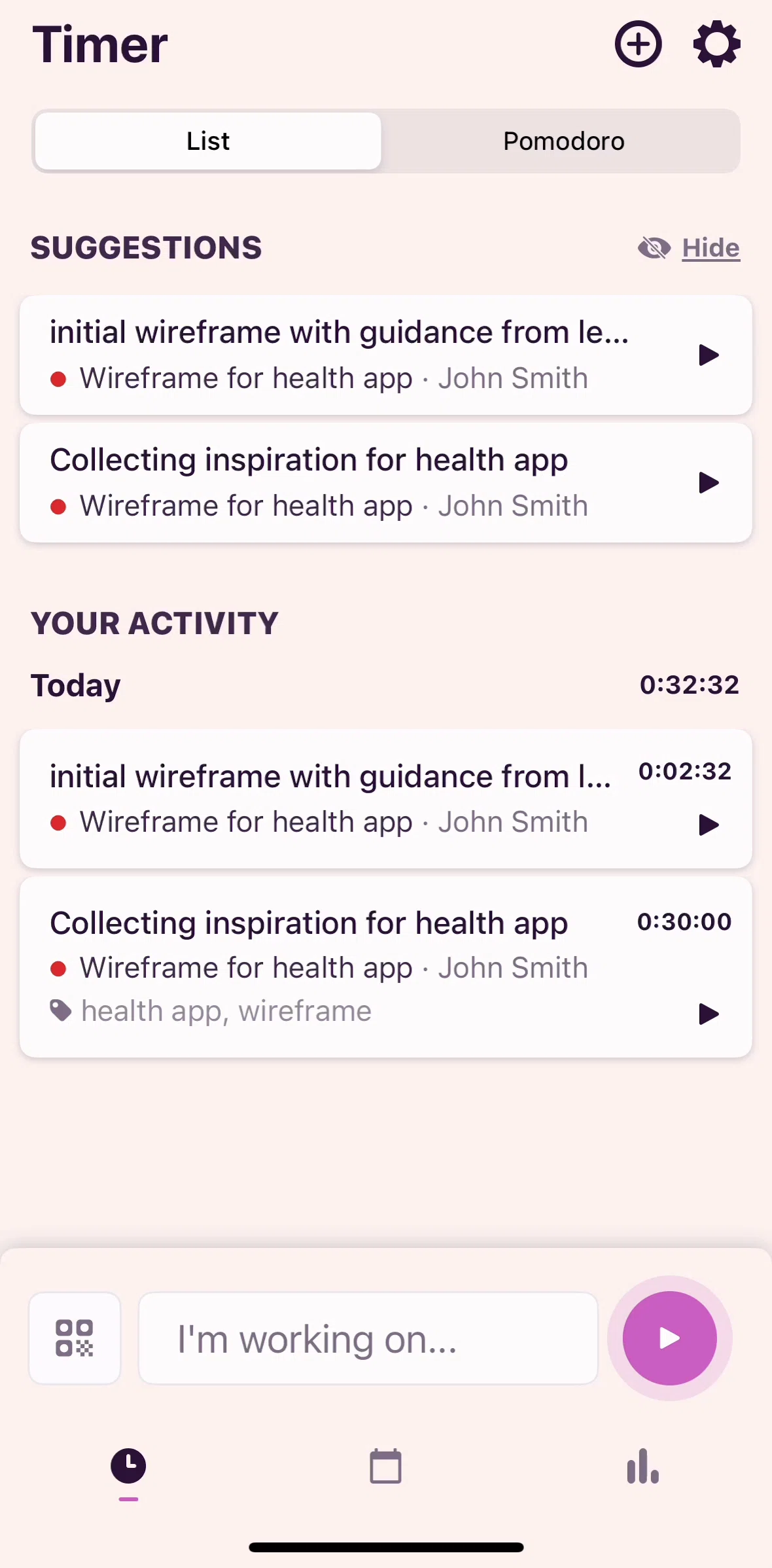 Toggl Track Screen screen in the Resuming time track flow