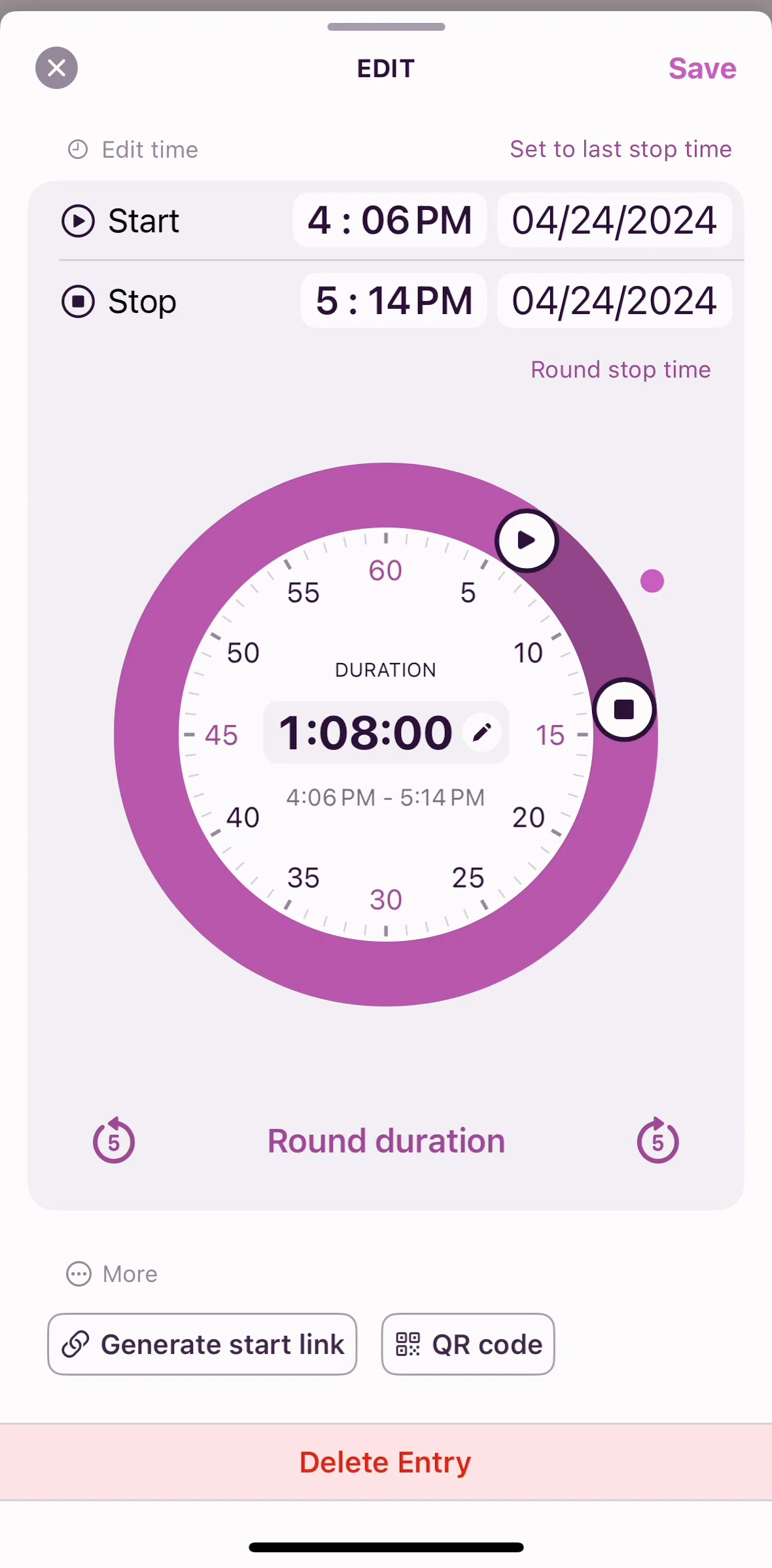 Toggl Track Screen screen in the Sharing a time entry flow