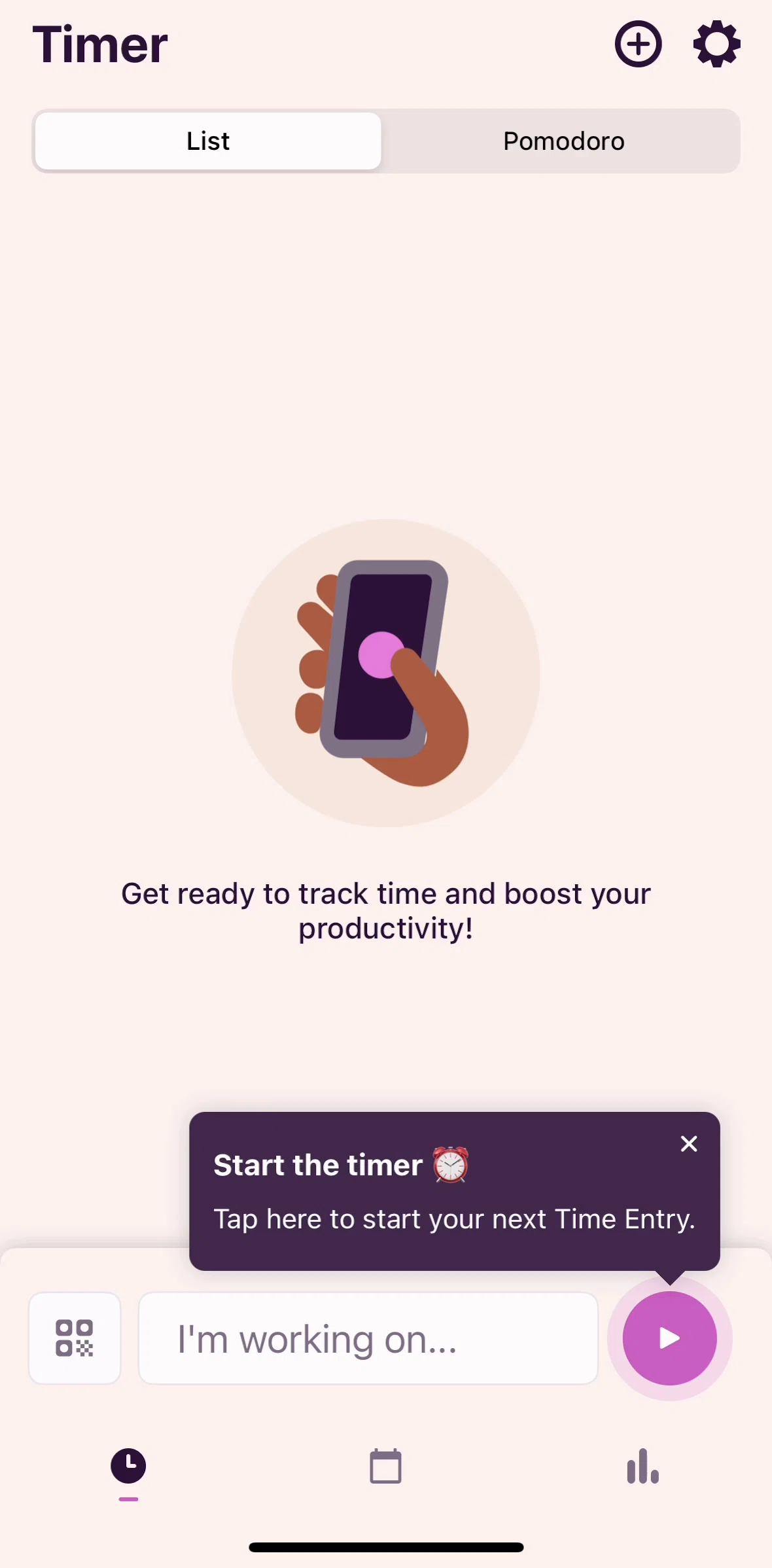 Toggl Track Screen screen in the Timer flow