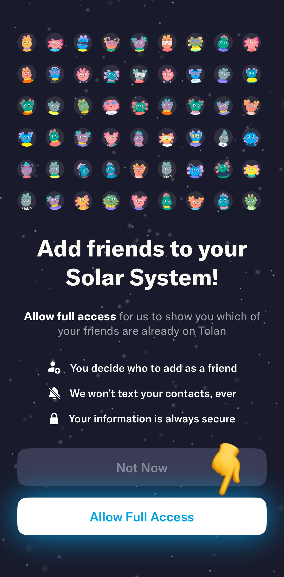 Tolan Screen screen in the Adding contacts flow
