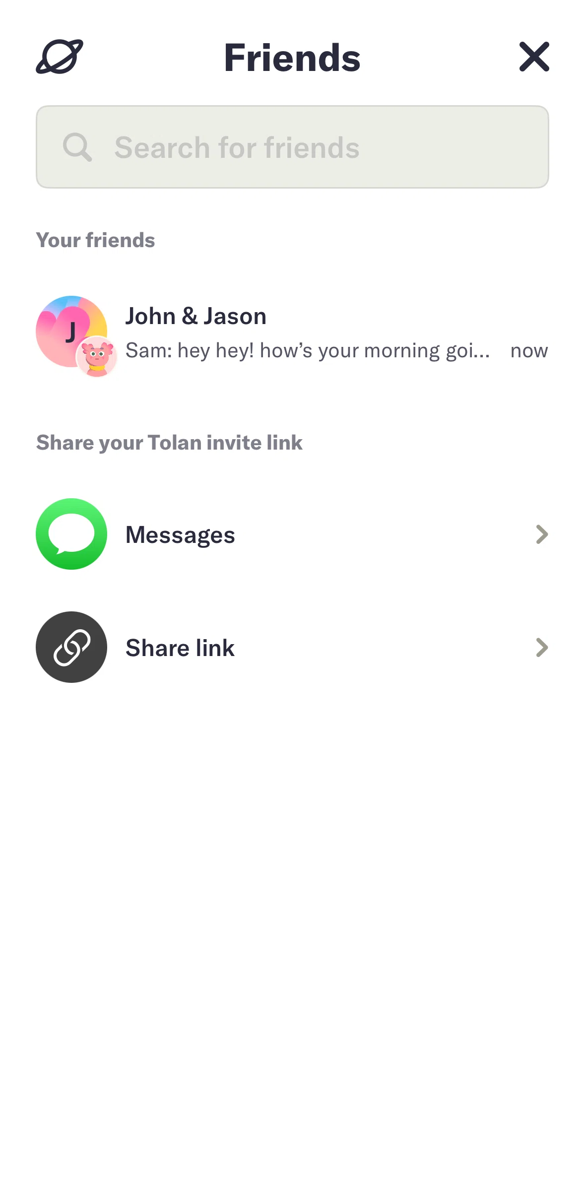 Tolan Screen screen in the Chatting with a friend flow