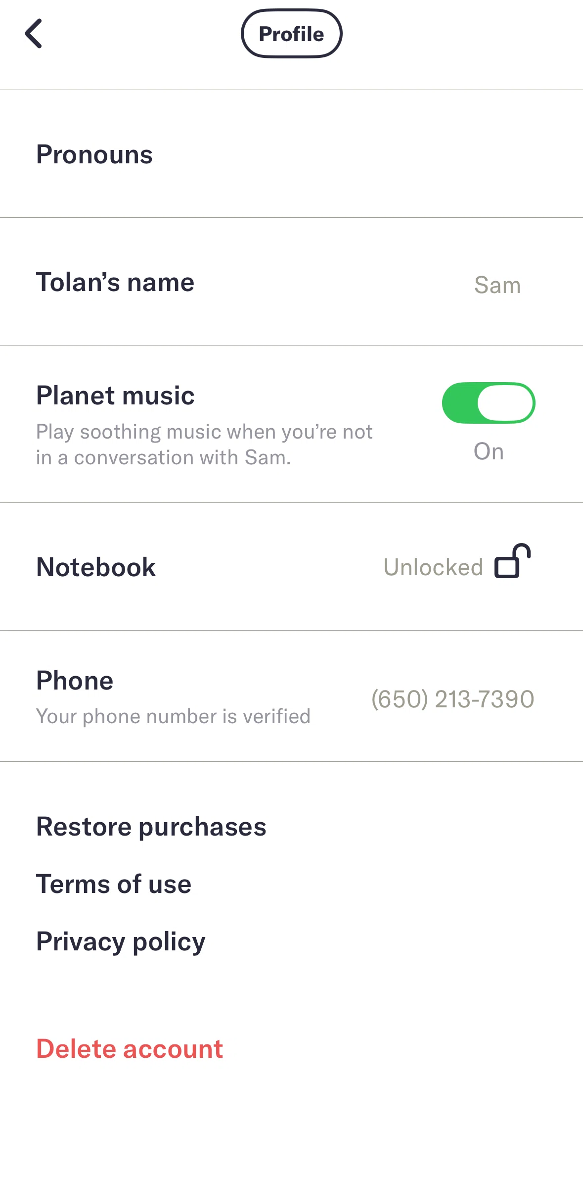 Tolan Screen screen in the Deleting account flow