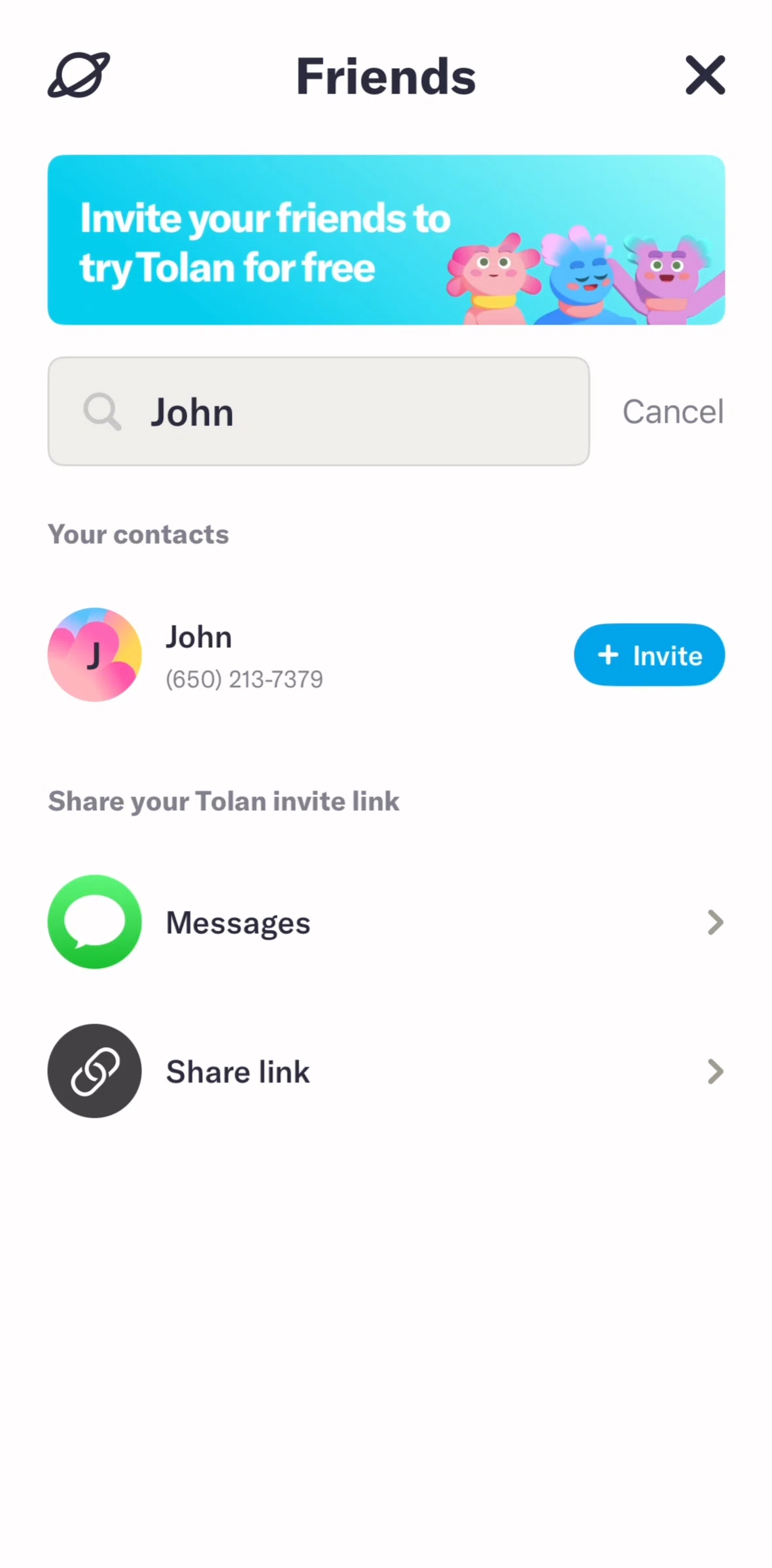 Tolan Screen screen in the Inviting a friend flow