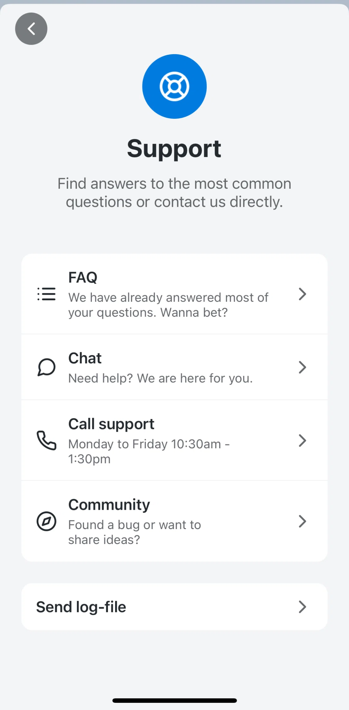 Tomorrow Screen screen in the Chatting with support flow