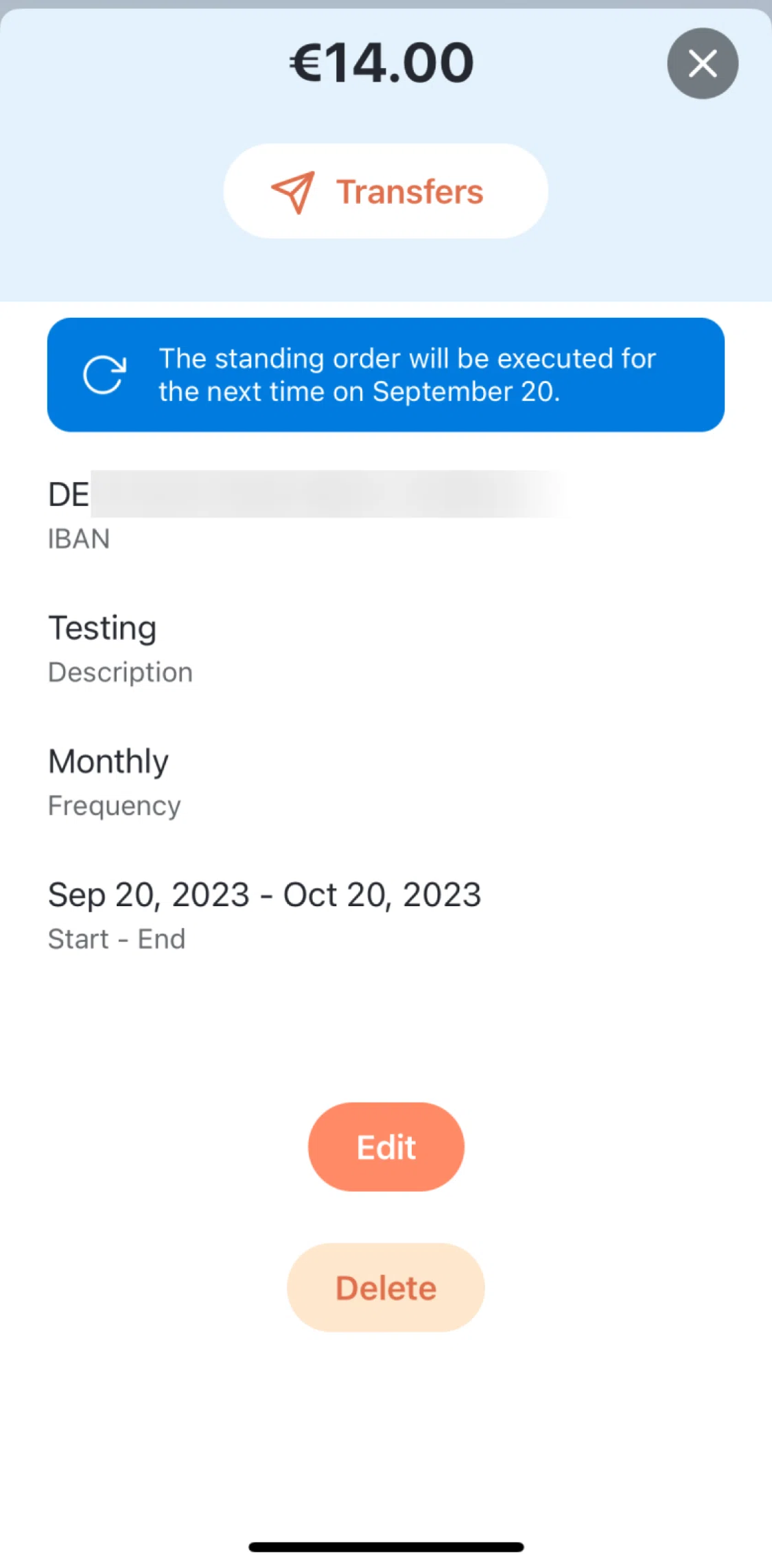 Tomorrow Screen screen in the Deleting a recurring transfer flow