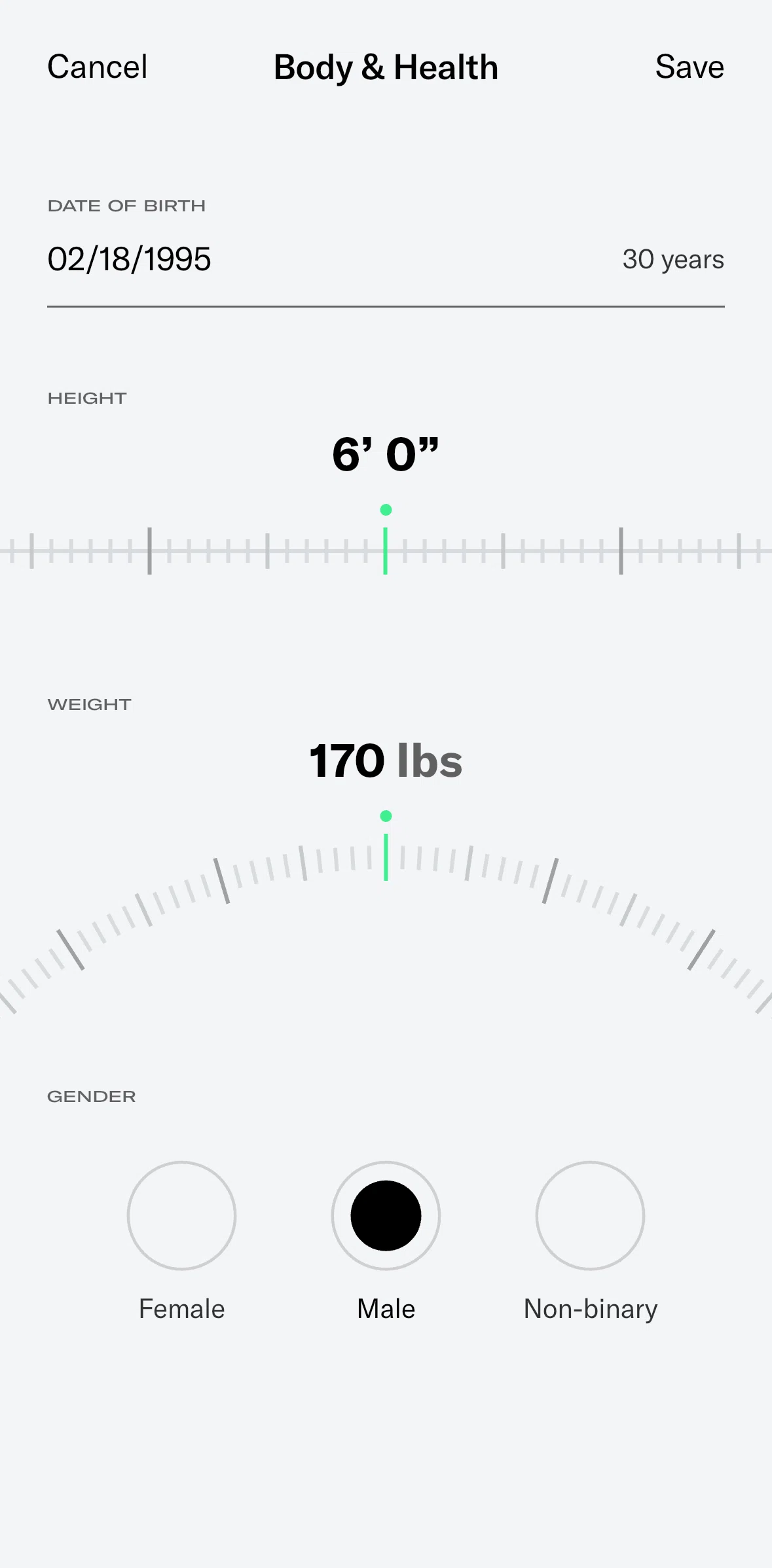 Tonal Screen screen in the Changing gender flow