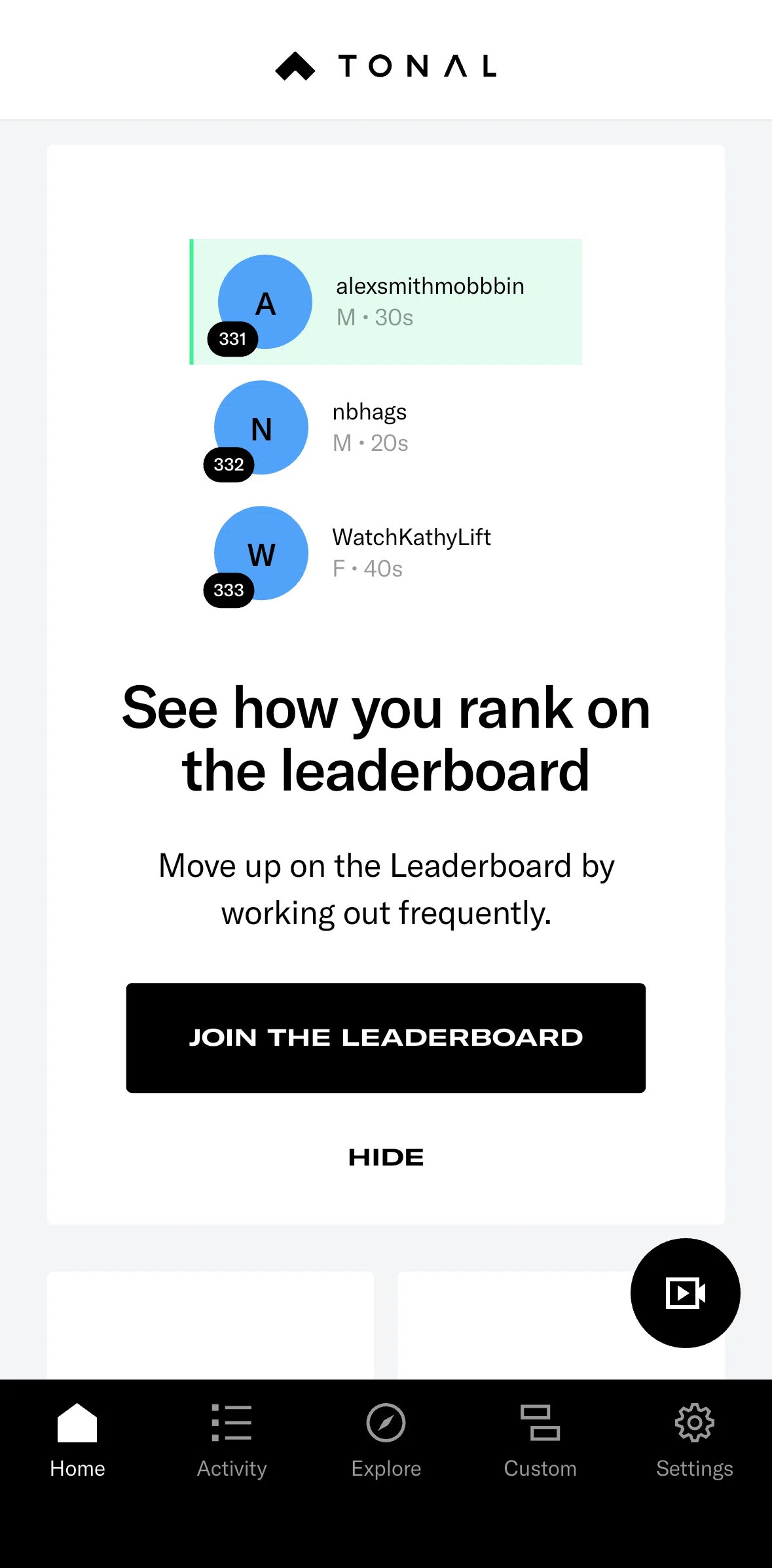 Tonal Screen screen in the Joining leaderboard (Home) flow