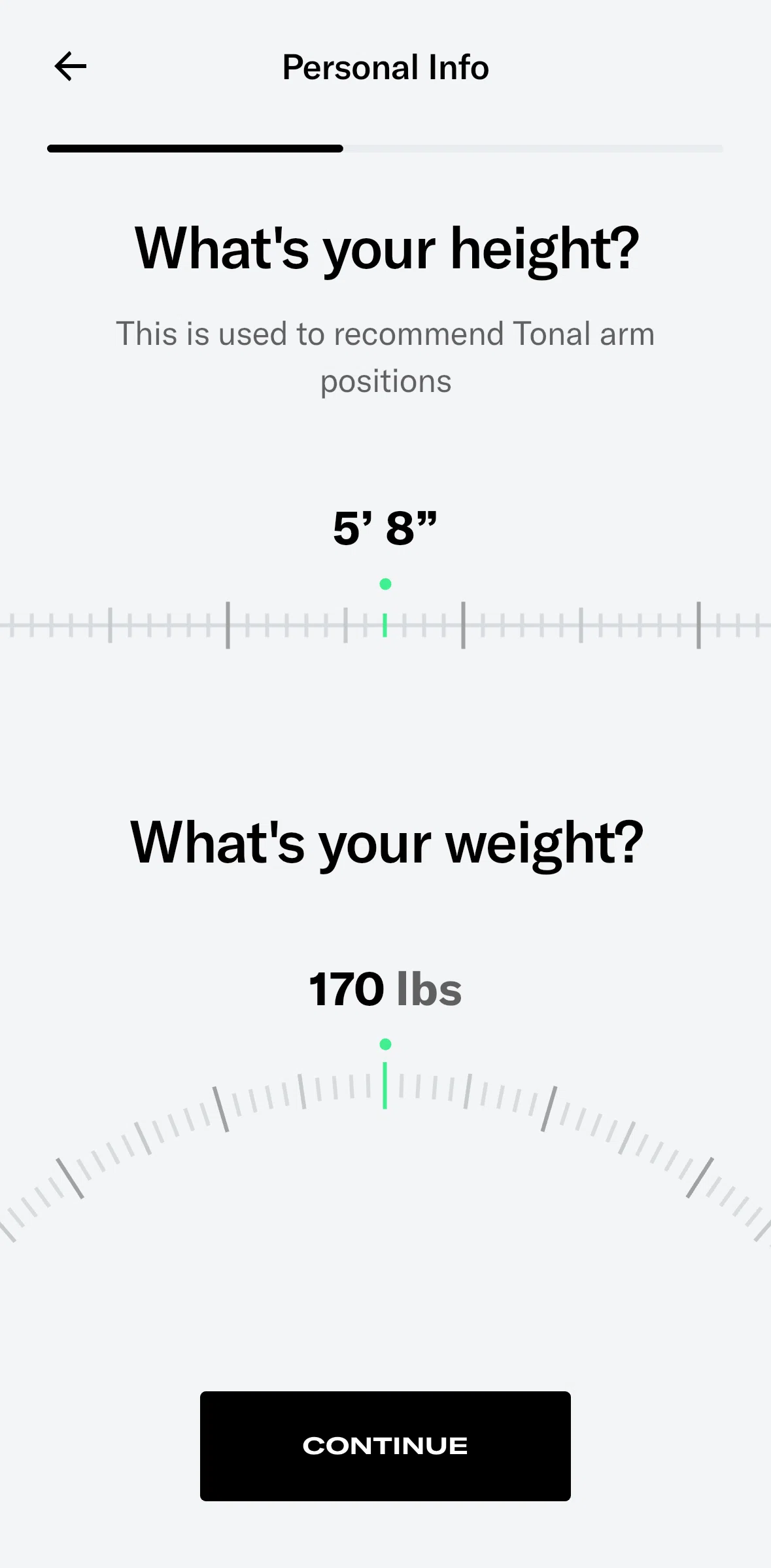Tonal Screen screen in the Setting up a fitness profile flow