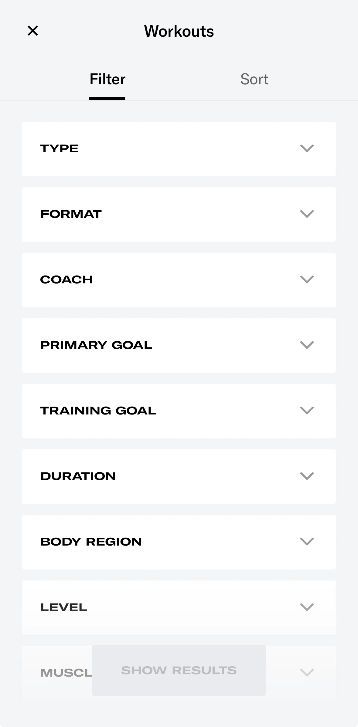 Tonal Screen screen in the Sorting workouts flow