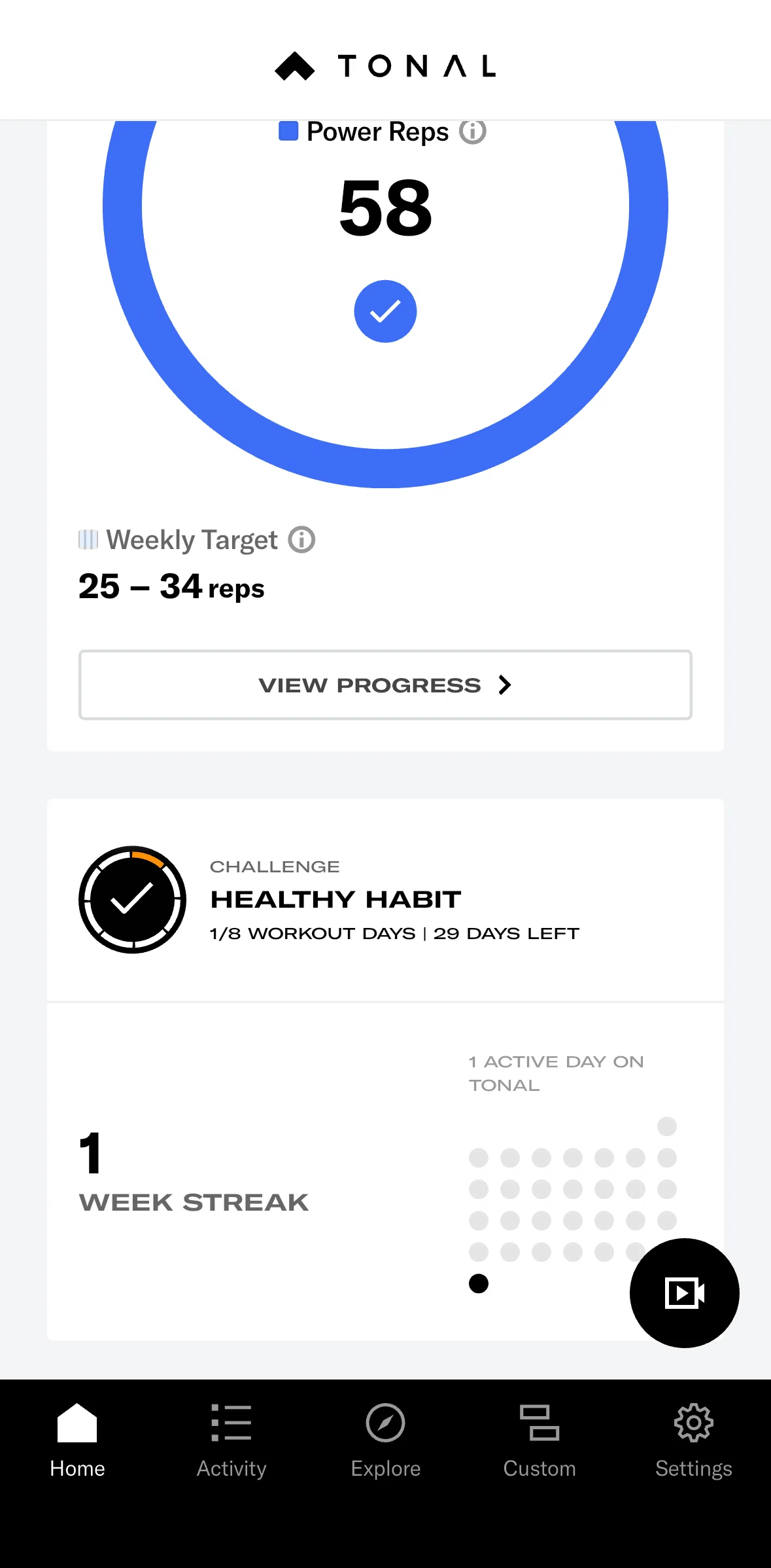 Tonal Screen screen in the Week streak flow