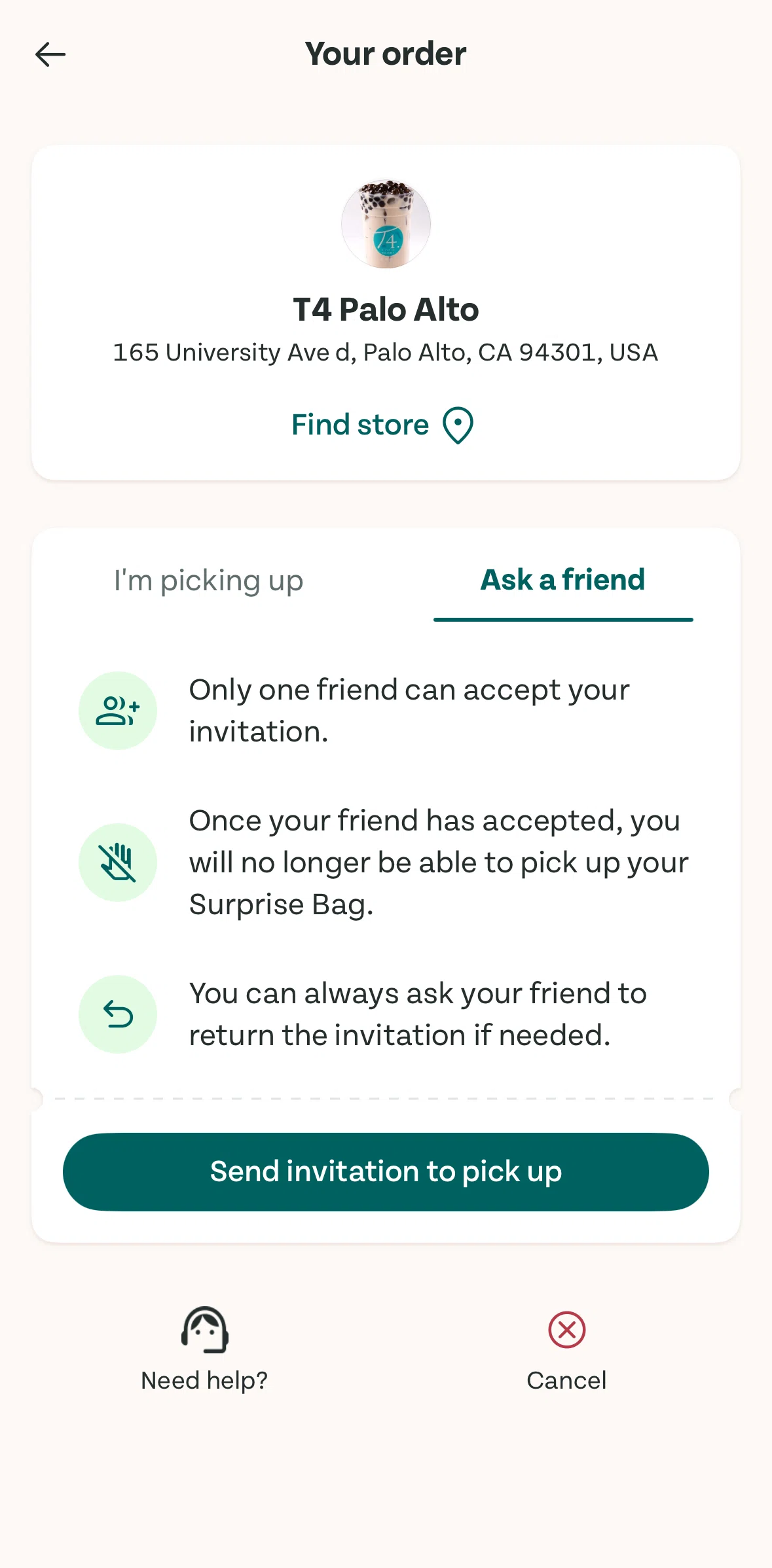 Too Good To Go Screen screen in the Ask a friend flow