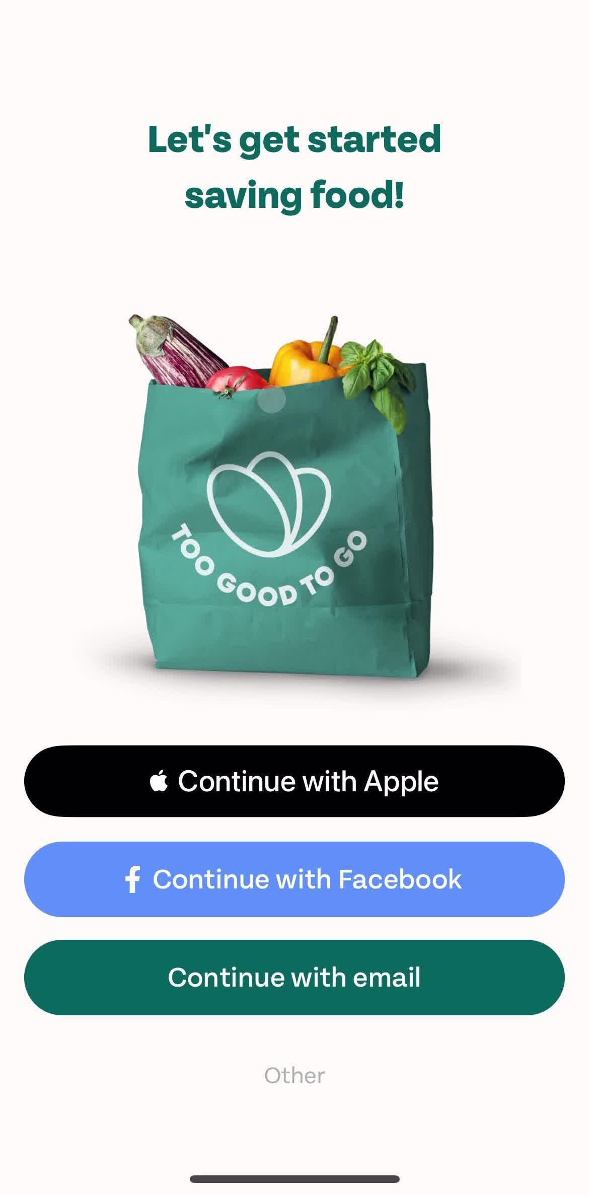 Too Good To Go Start screen screen in the Onboarding flow