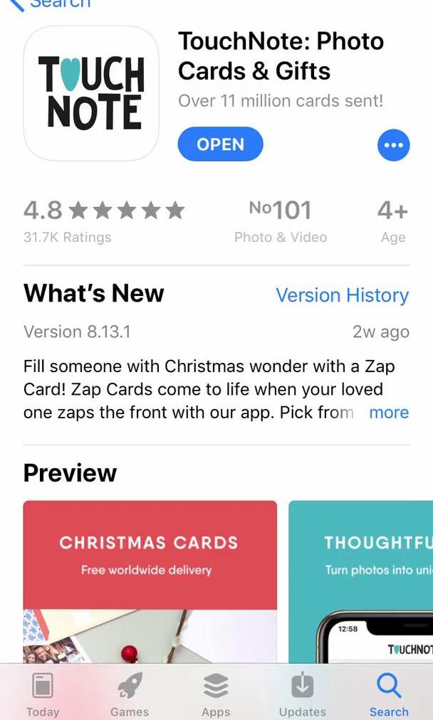 Touchnote App store listing screen in the Onboarding flow