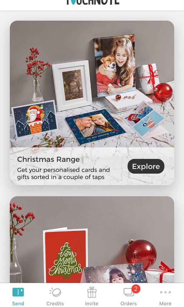 Touchnote Product categories screen in the Topping Up flow
