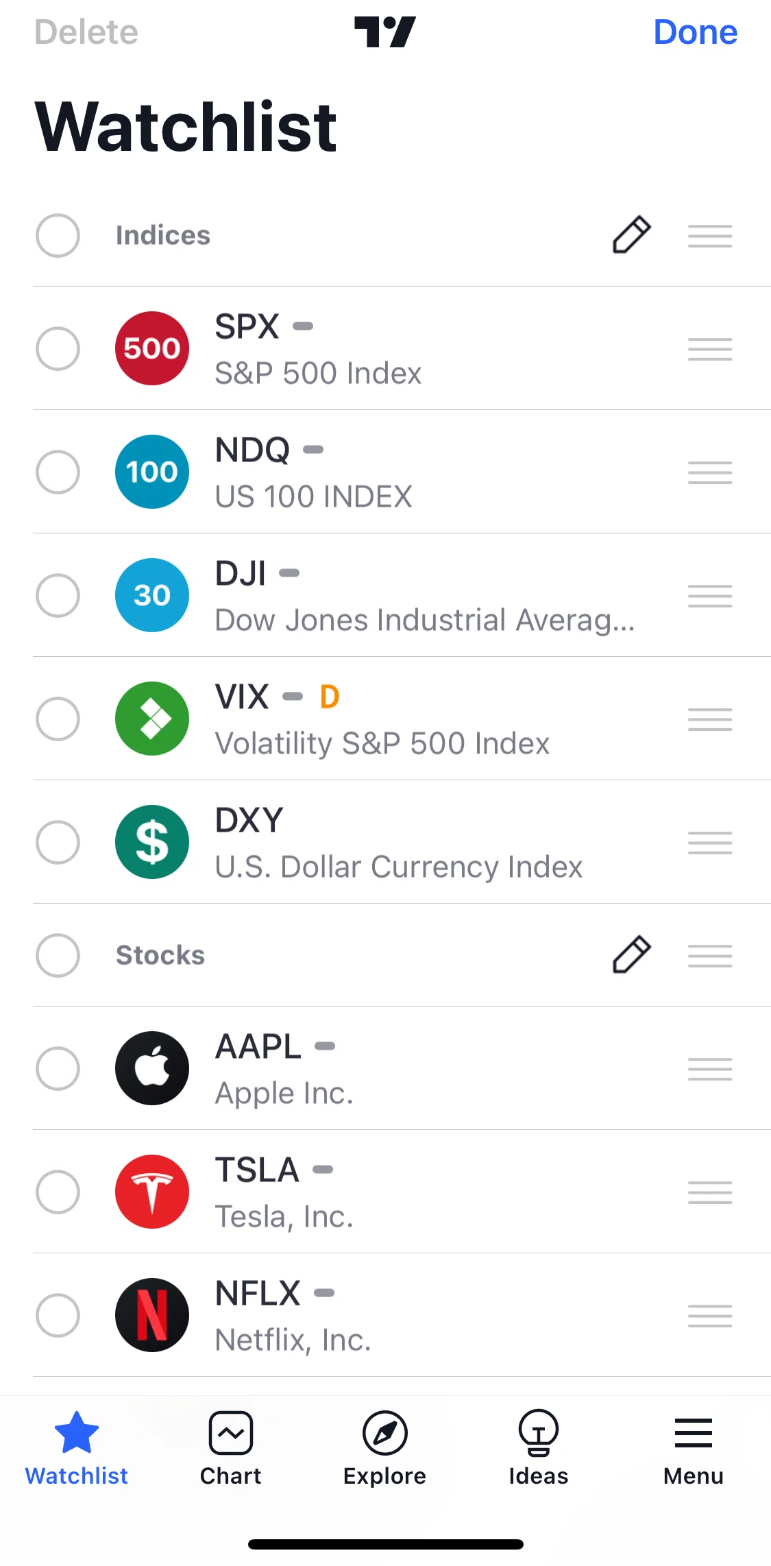 TradingView Screen screen in the Reordering watchlist symbols flow