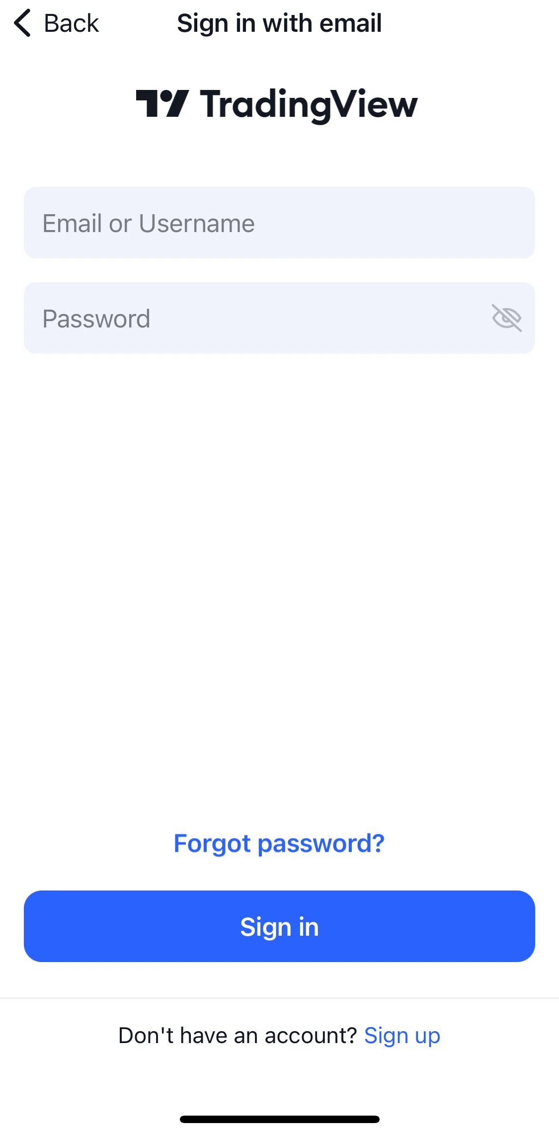 TradingView Screen screen in the Resetting password flow