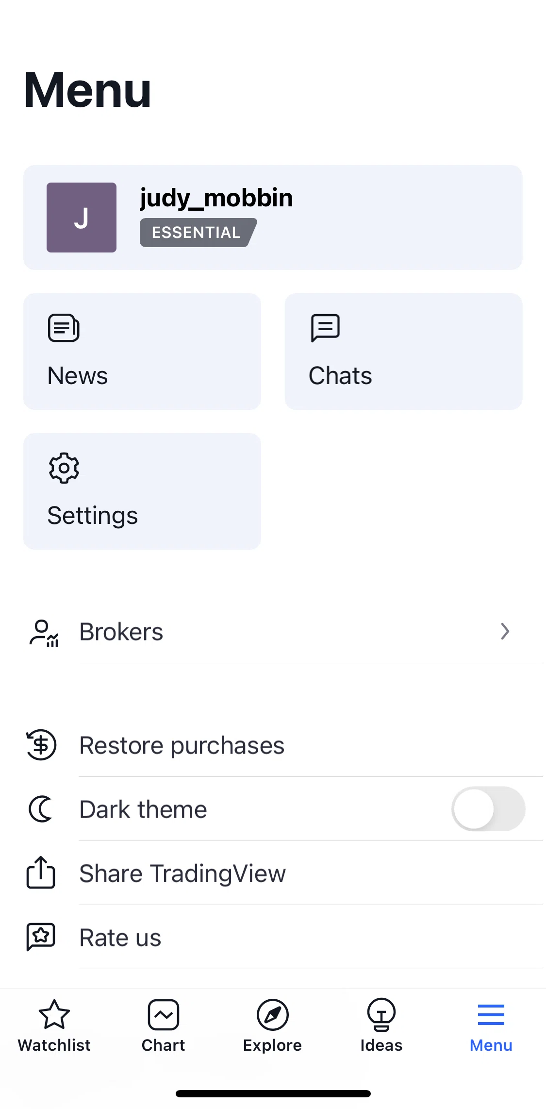 TradingView Screen screen in the Settings flow