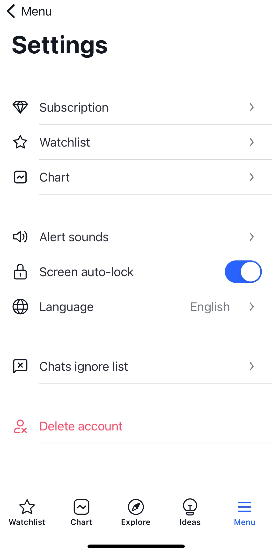 TradingView Screen screen in the Watchlist settings flow