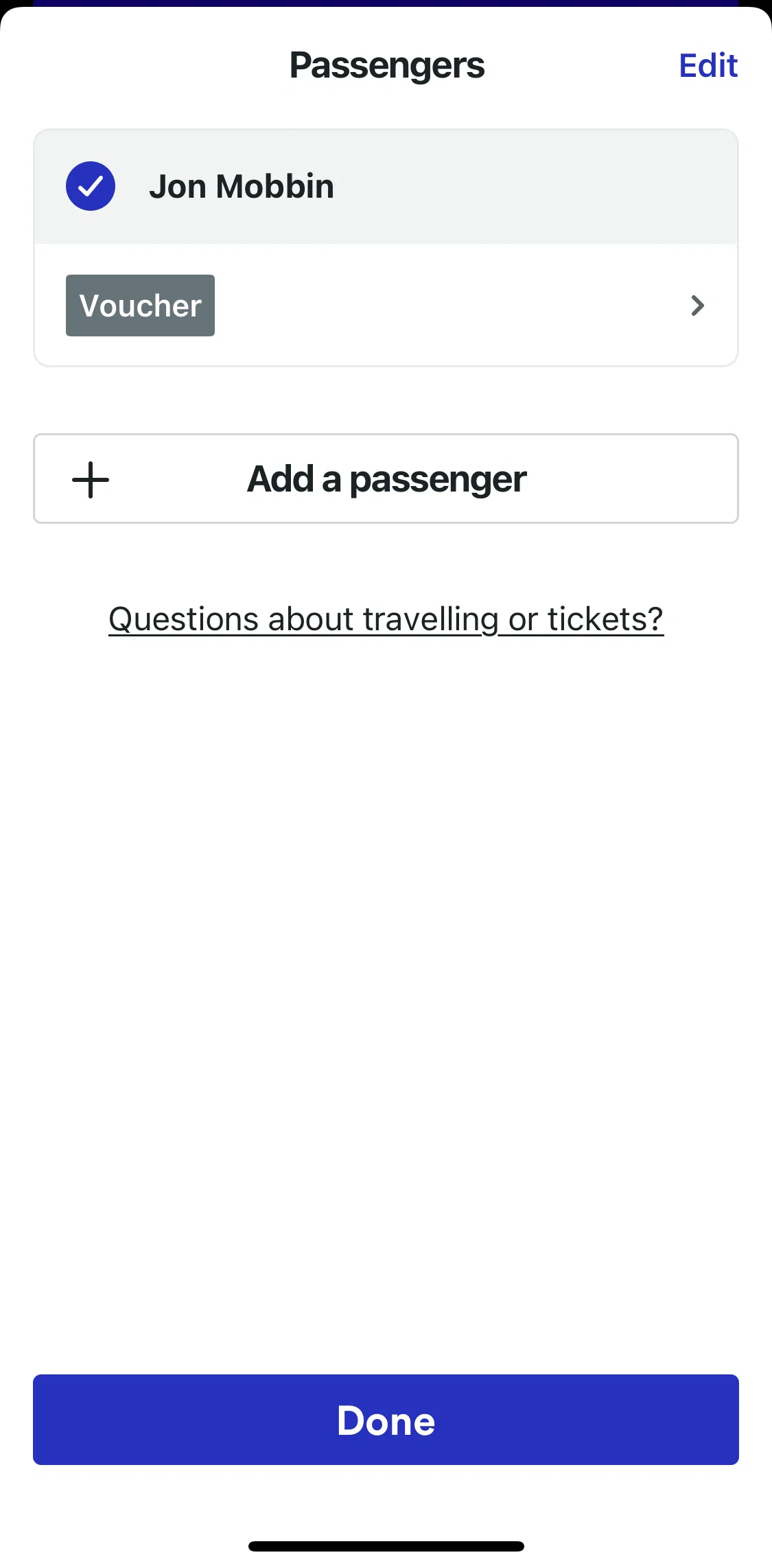 Trainline Screen screen in the Adding a passenger flow