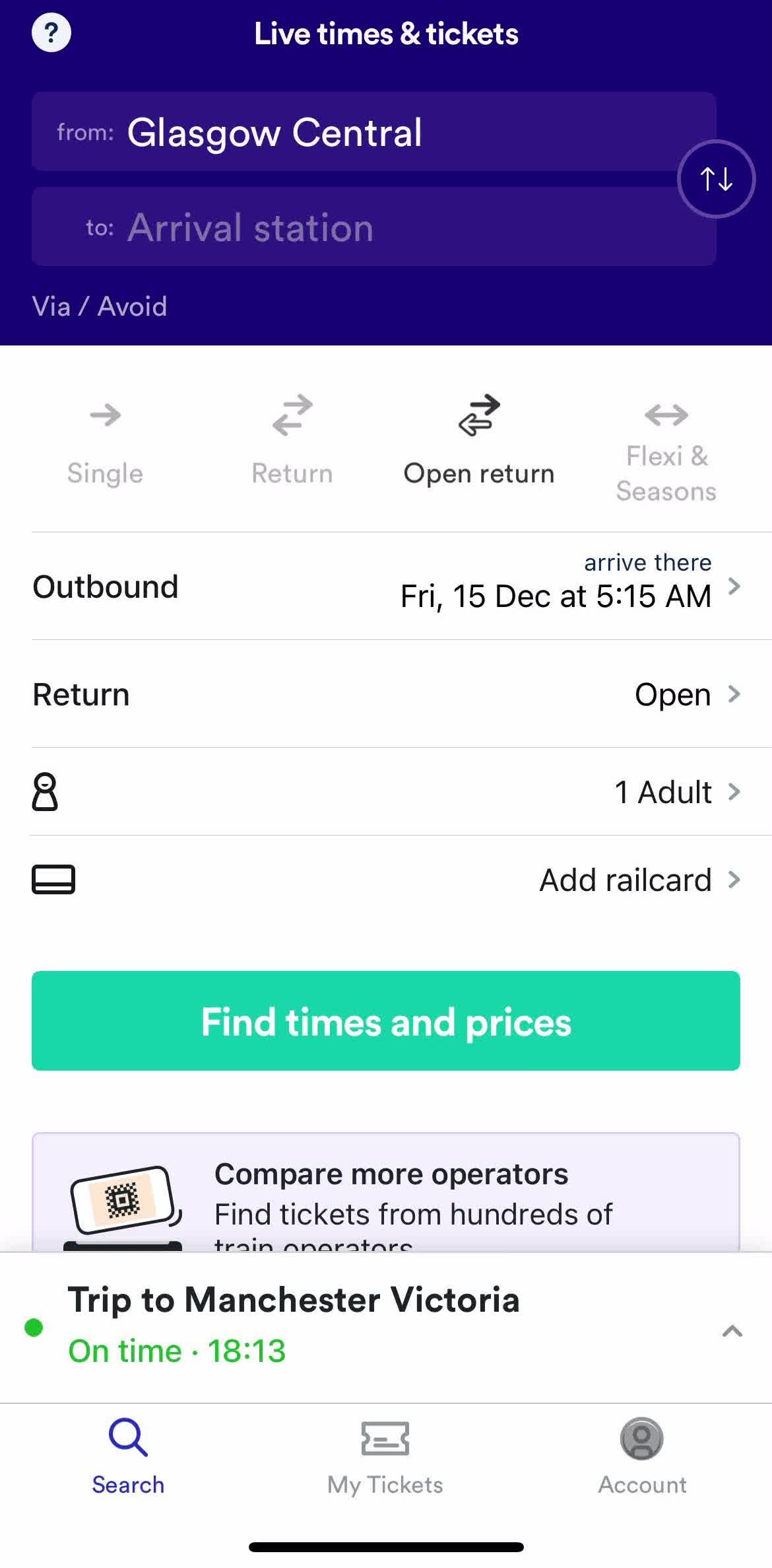 Trainline Home screen in the Adding Payment Details flow